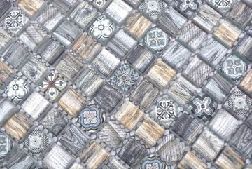 Mosani Mosaikfliesen Glasmosaik Mosaik Retro Holz Optik grau braun Ornament