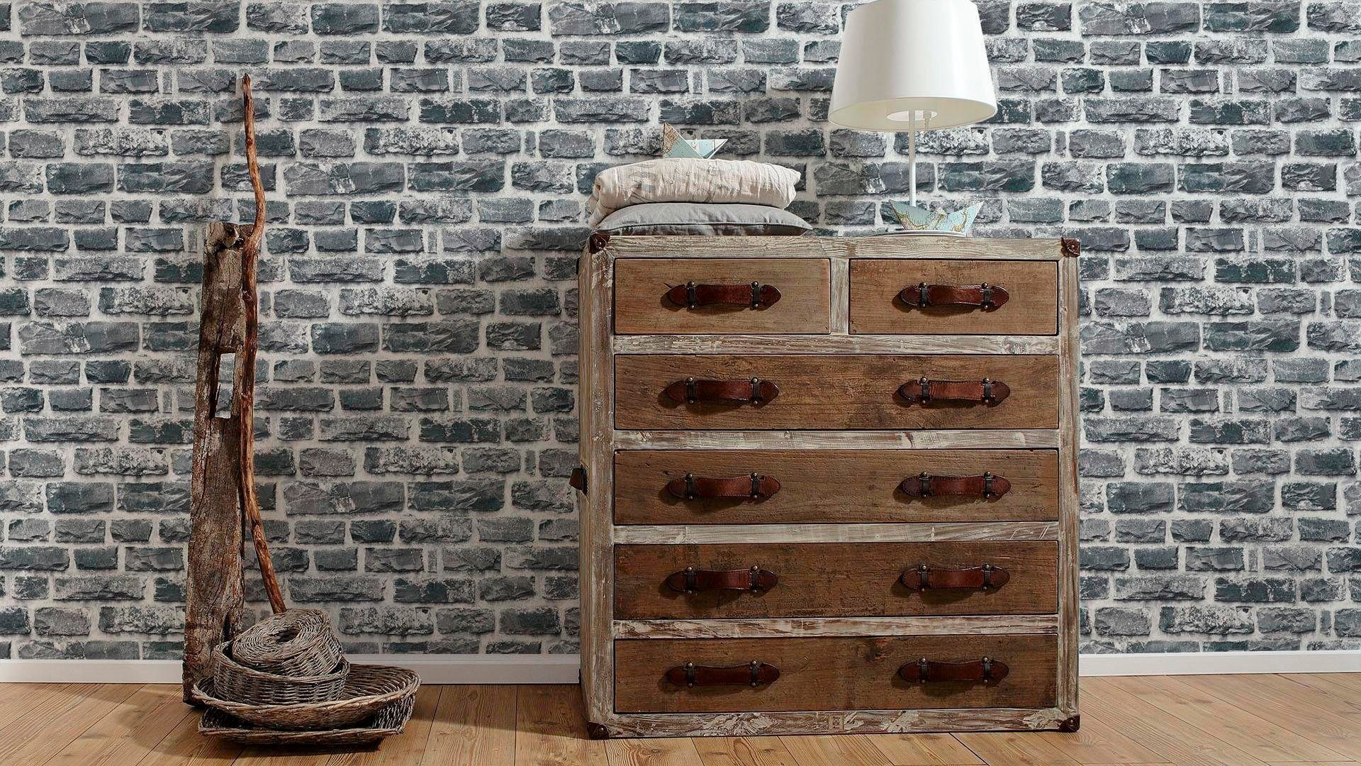 living walls Vliestapete Neue Bude 2.0, leicht strukturiert, Motiv, Steinoptik, gemustert, Landhaus Tapete Stein Tapeten Wohnzimmer Schlafzimmer Küche Flur Optik