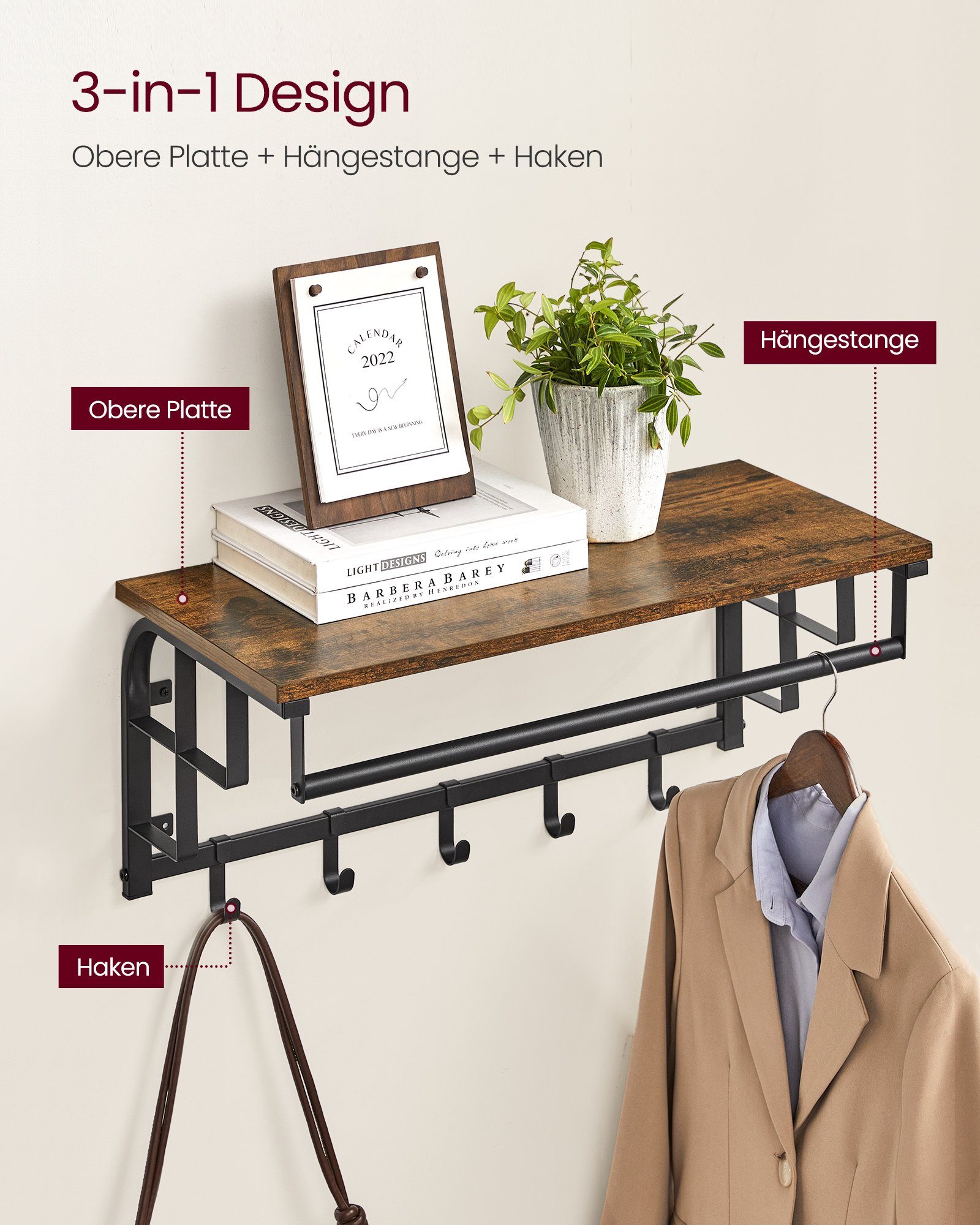 VASAGLE Wandgarderobe, Wandregal mit Haken, Länge günstig online kaufen