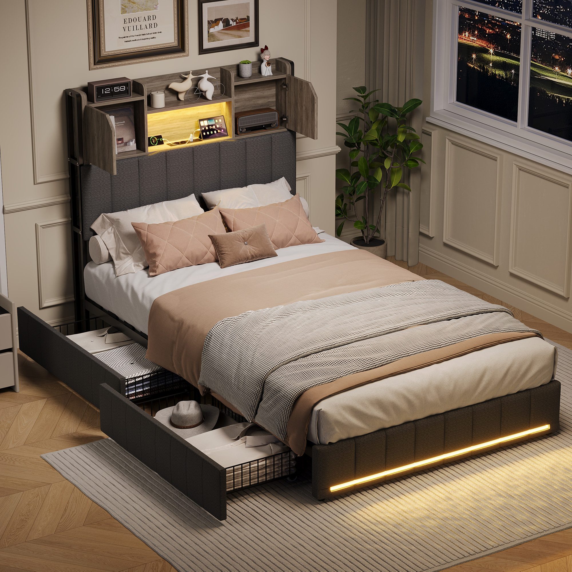 Simurq Einzelbett 90x200 Bettgestell mit Schubladen, Jugendbett, Polsterbett, Kopfteil mit Ablagefach, Mit Lattenrost, USB Port & LED, Graues Leinen