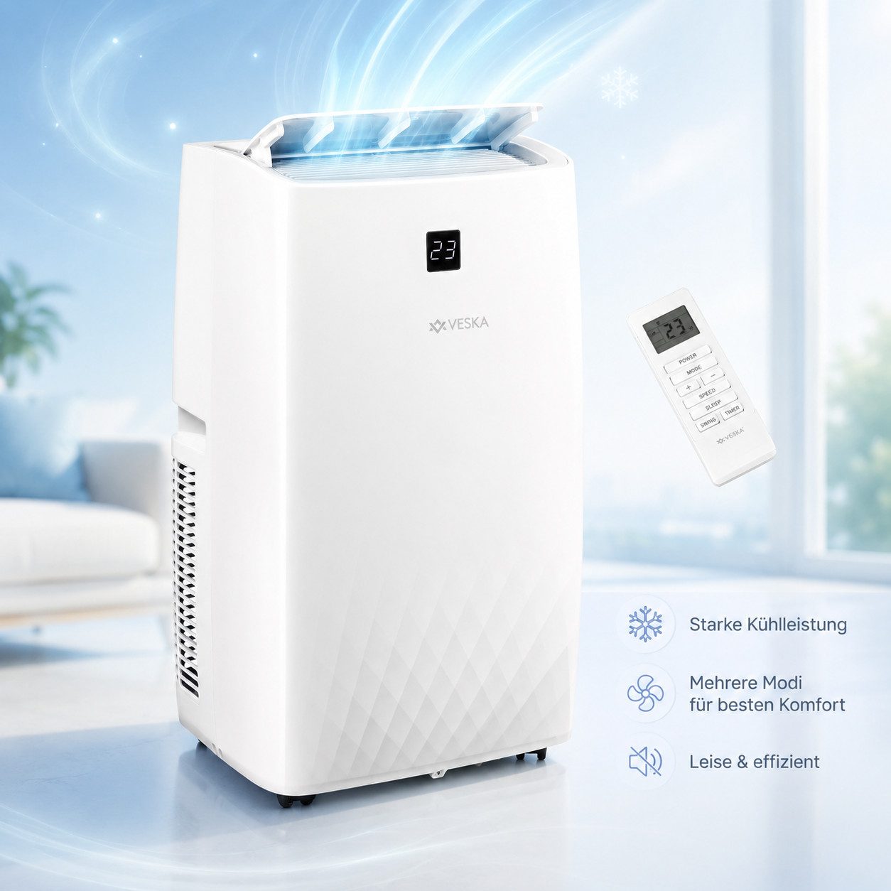 VESKA Klimagerät 4-in-1-Klimagerät 12000 BTU Mobile Klimaanlage Kühlgerät, Leise mit Fernbedienung, Timer, Digitaldisplay, Abluftschlauch