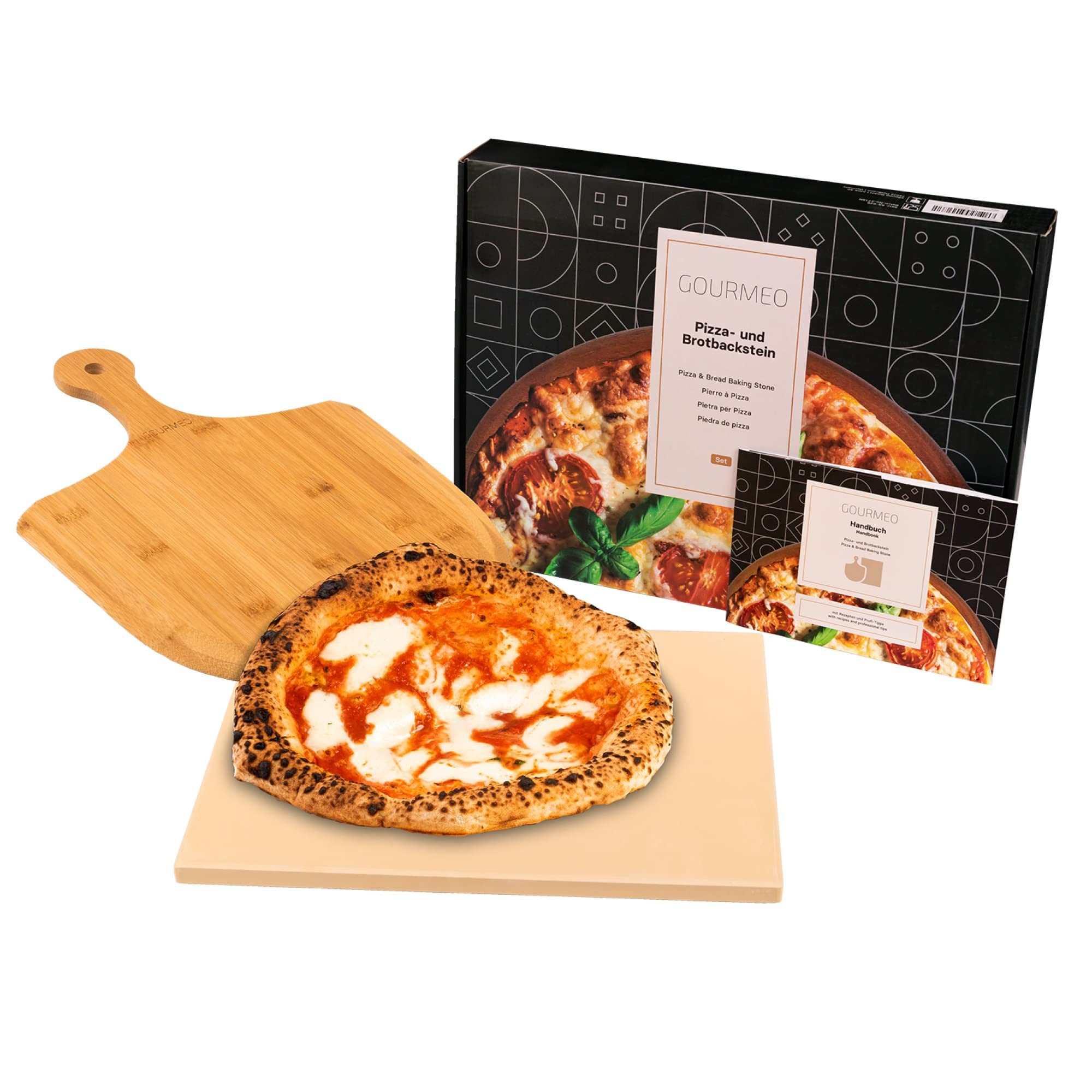 GOURMEO Backstein Pizzastein Set 38x30 cm mit Bambus-Schaufel für Ofen & Grill