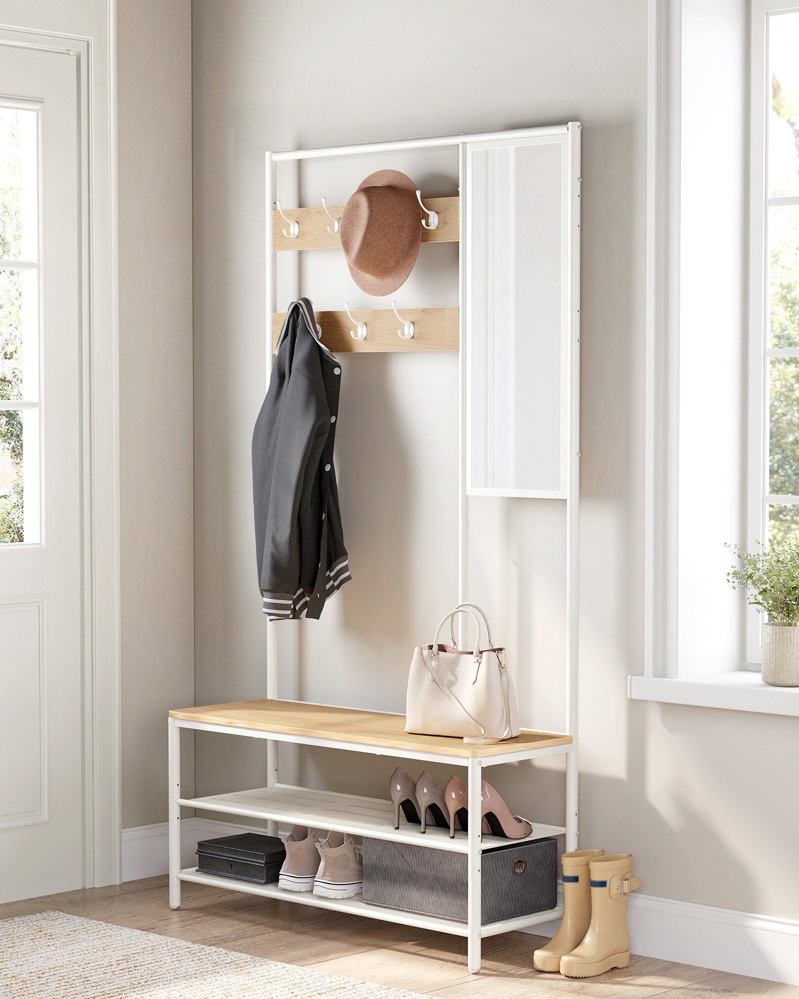 VASAGLE Garderobenständer Garderobe, mit 7 Haken, Spiegel, 35 x 98 x 180 cm Eichenfarben-Weiß