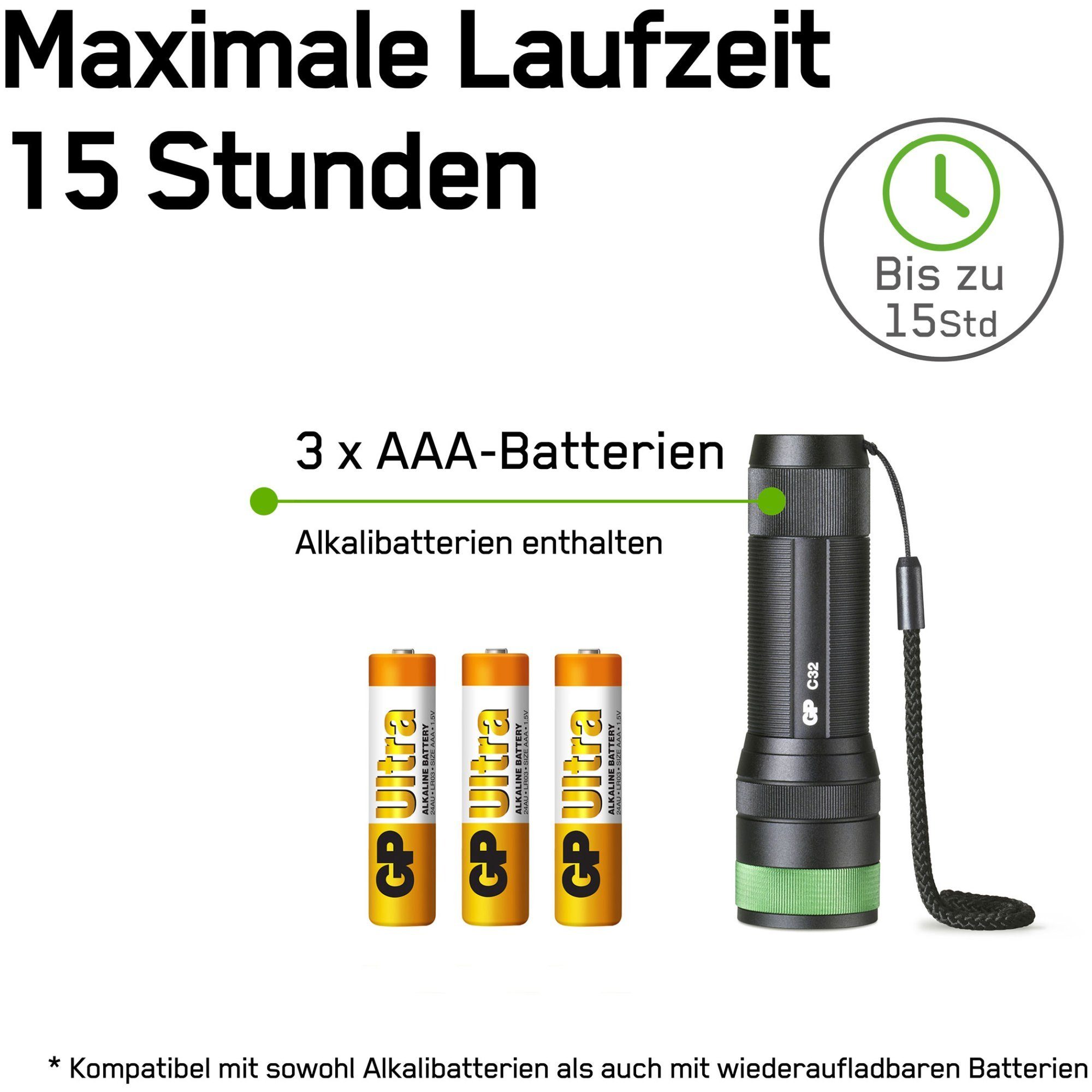 3x Batterien AAA 1,5V GP 300lumen inkl. C32 GP LED Taschenlampe Batteries Taschenlampe