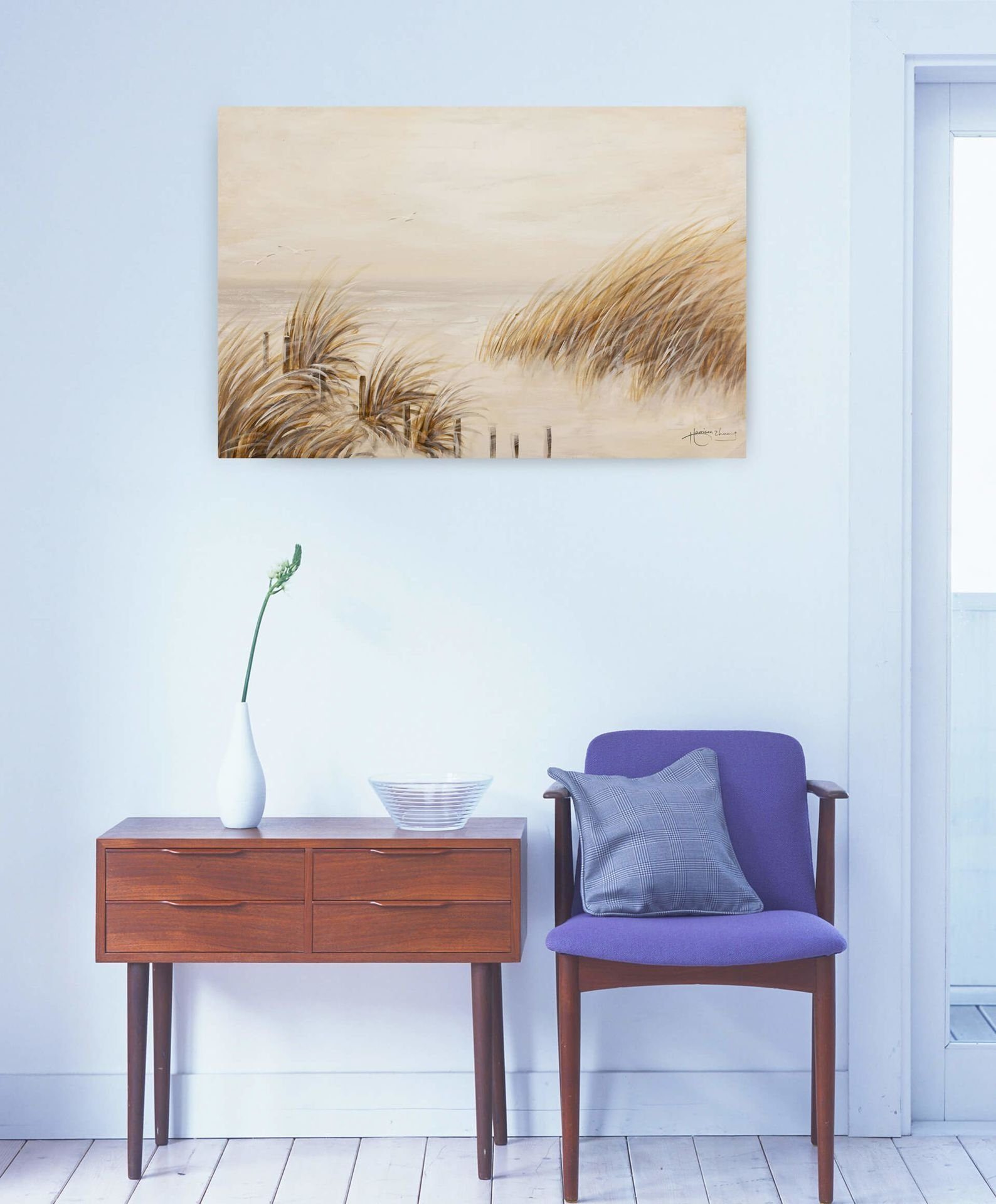 Wohnzimmer 90x60 Leinwandbild am Gemälde Strand Tag Wandbild HANDGEMALT KUNSTLOFT cm, 100%