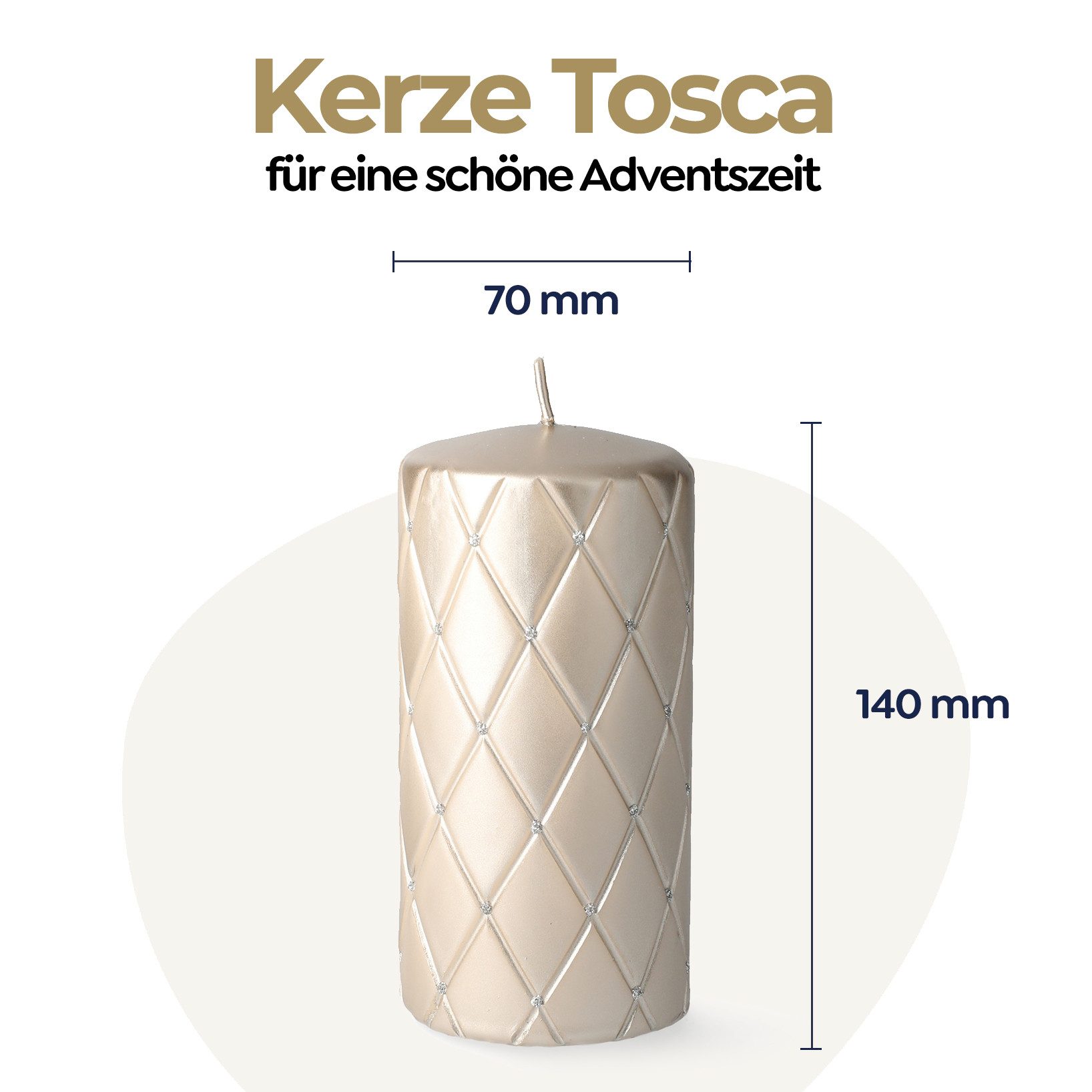 coco+cozy Stumpenkerze Tosca mit Diamant-Optik Ø 7cm x 14cm, 84 h Brenndauer, champagner