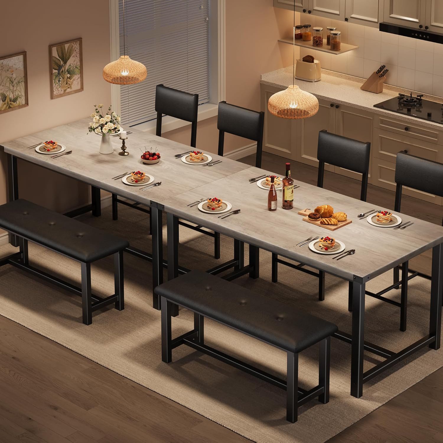 GarveeMore Essgruppe für 4,Esstisch mit 2 gepolsterten Stühlen und Bank, Holzküchen-Esszimmer-Set,für kleine Räume,Wohnung,Haus,Küche – Bild 4 von 5