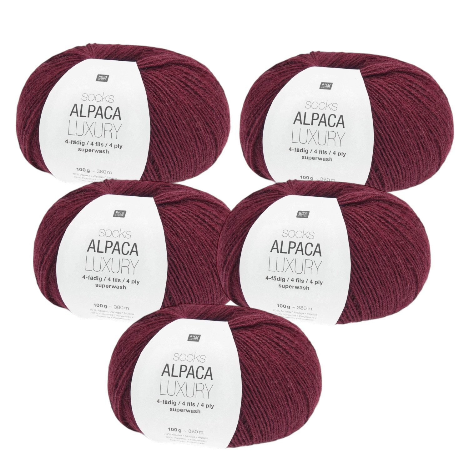 Rico Design 5 x RICO SOCKS ALPACA LUXURY 4-FÄDIG Häkelwolle, 380 m