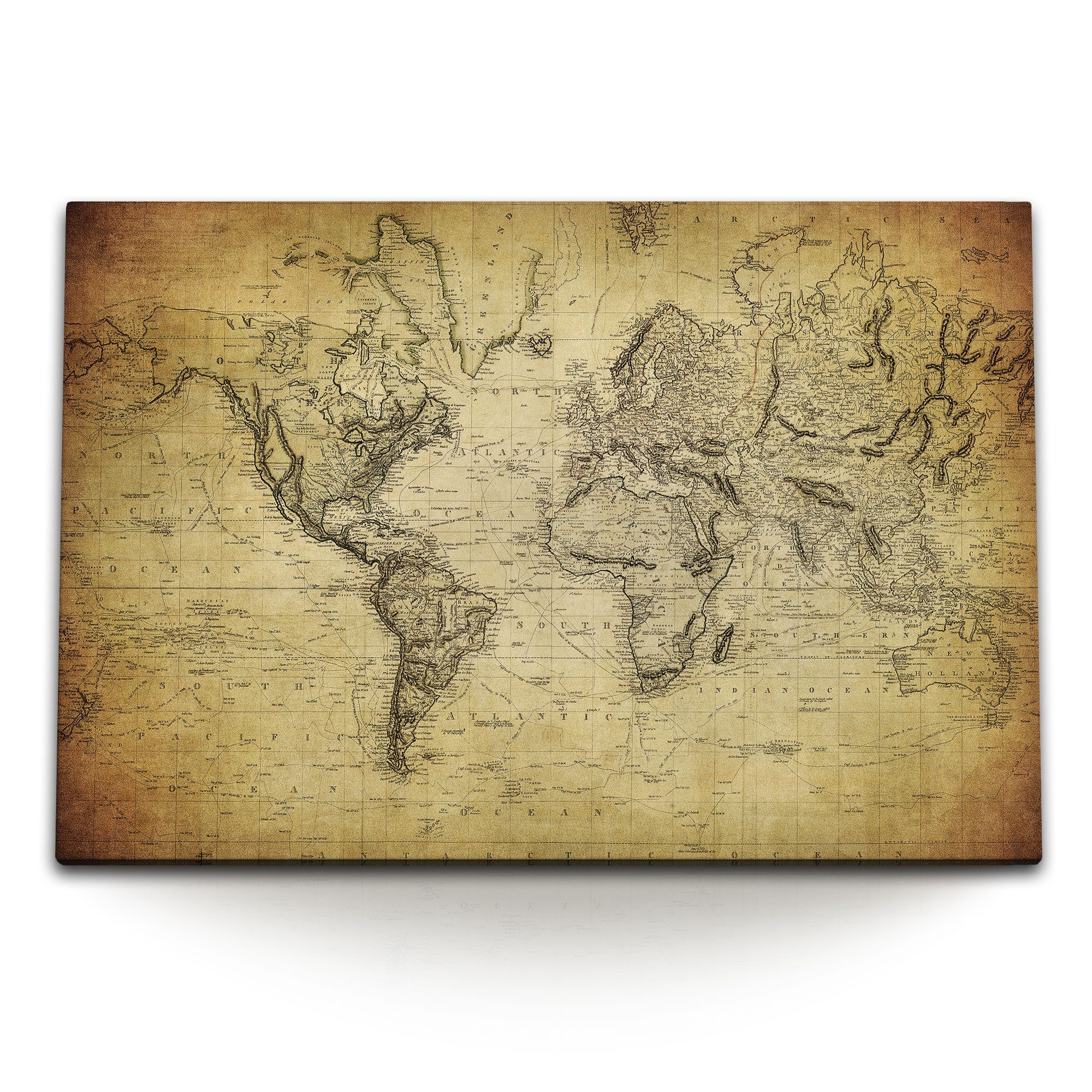 Sinus Art Leinwandbild 120x80cm Wandbild auf Leinwand Alte Weltkarte Landkarte Erde Braun Vin, (1 St)