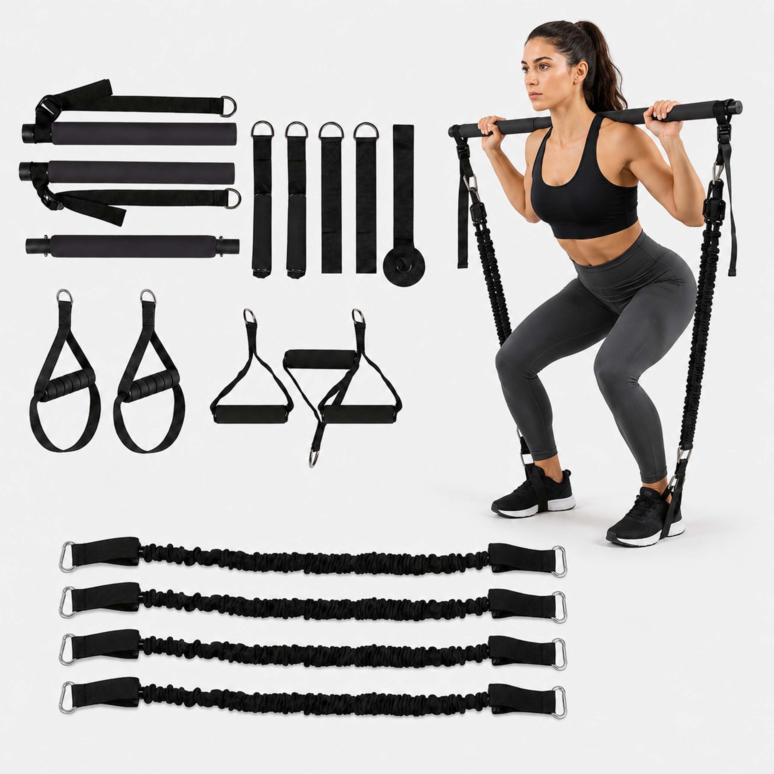 relaxdays Gymnastikstäbe Pilates Bar Kit mit Widerstandsbändern (12-St), schwarz