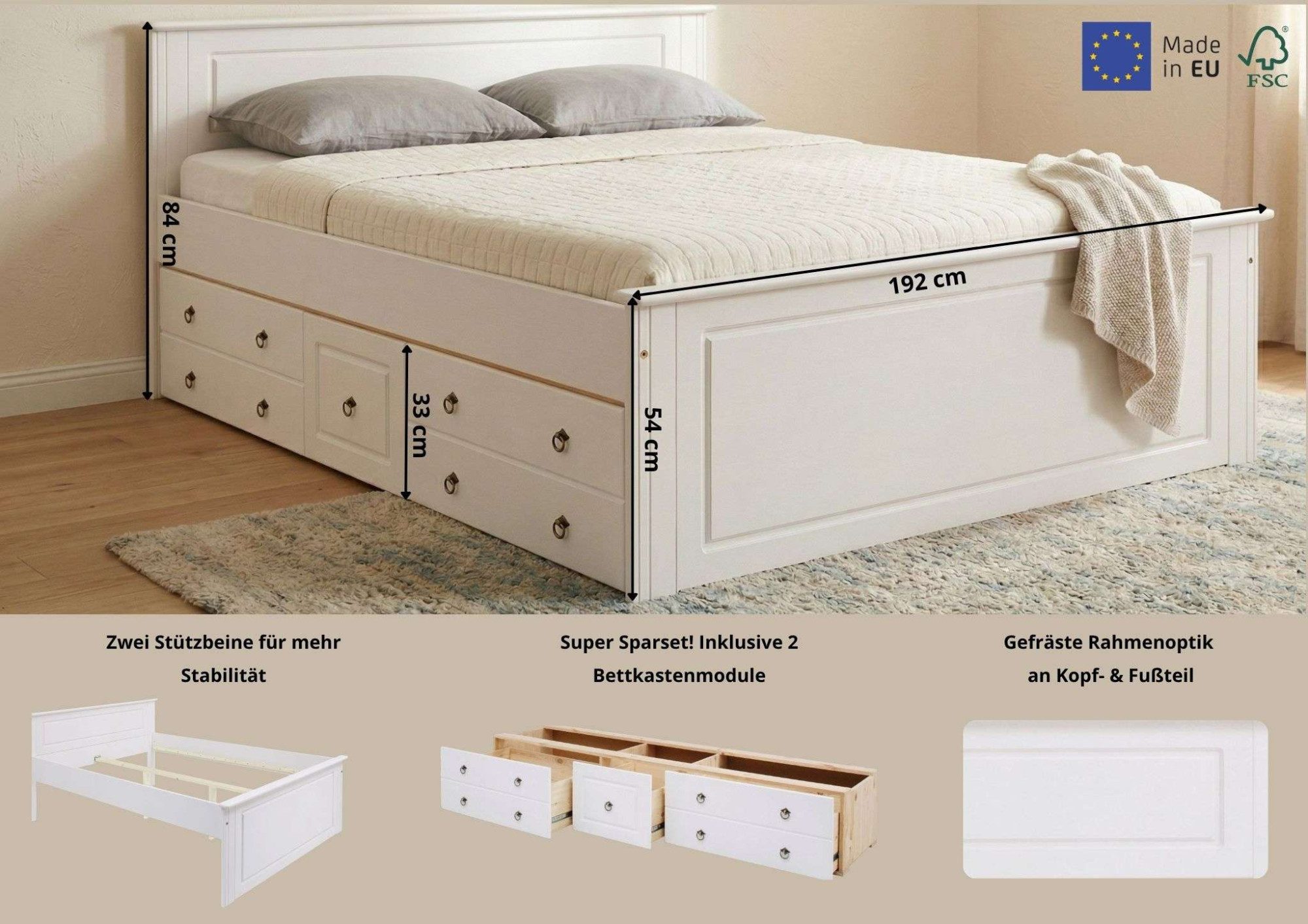OTTO home Massivholzbett Hugo, FSC® zertifiziert, Landhausstil, zeitlos und edel (auch als Super Sparset inklusive Schubkästen), Stauraumbett, extra belastbar,  – Bild 2 von 5