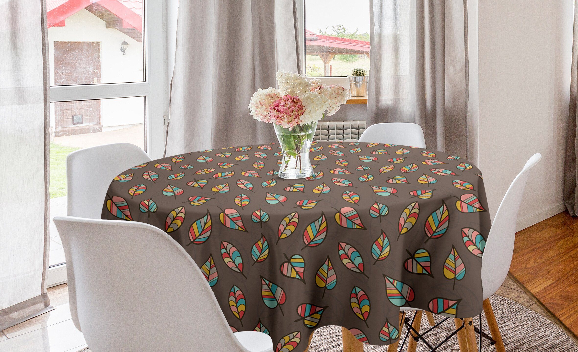 Abakuhaus Tischdecke Kreis Tischdecke Abdeckung für Esszimmer Küche Dekoration, Blätter Bunte Streifen