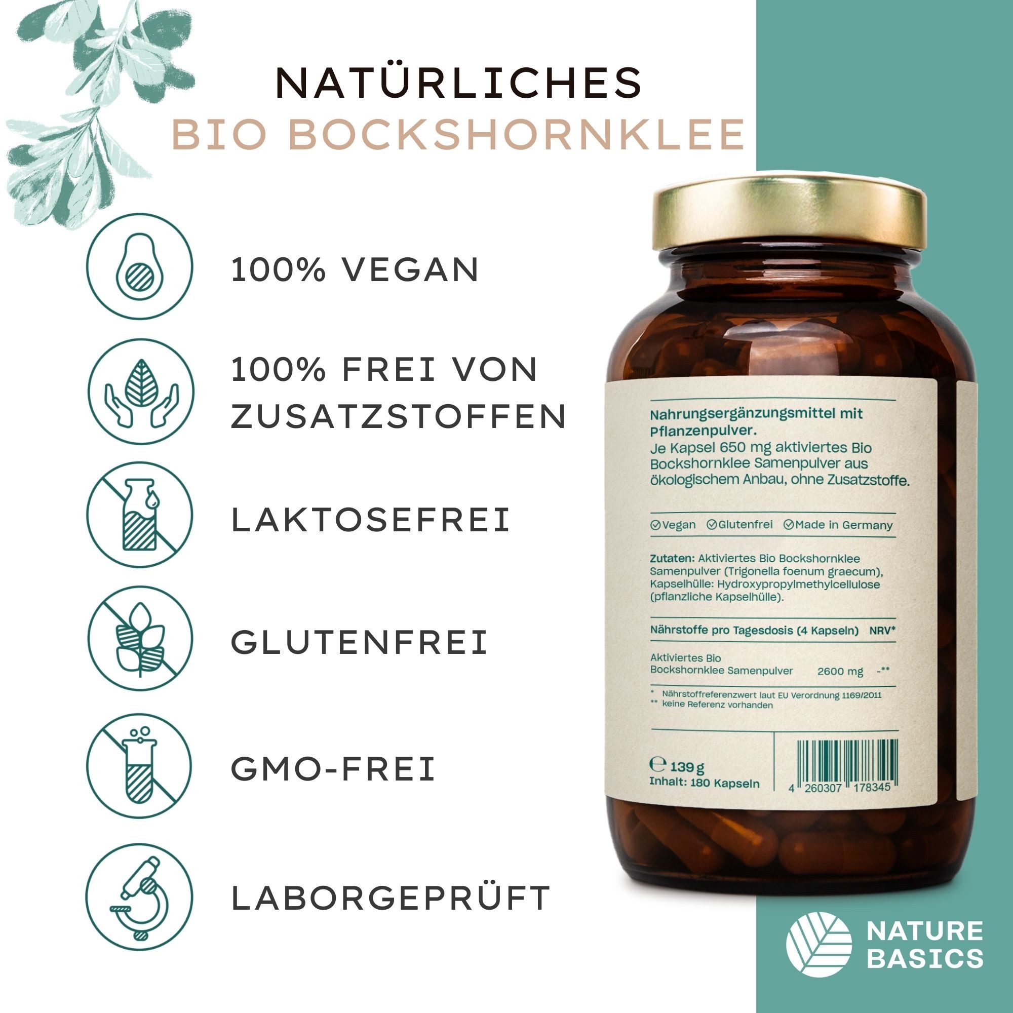 Nature Basics Hochwertiges Bio Bockshornklee Vegan im Braunglas 180 Kapseln, 180 St., 139 g