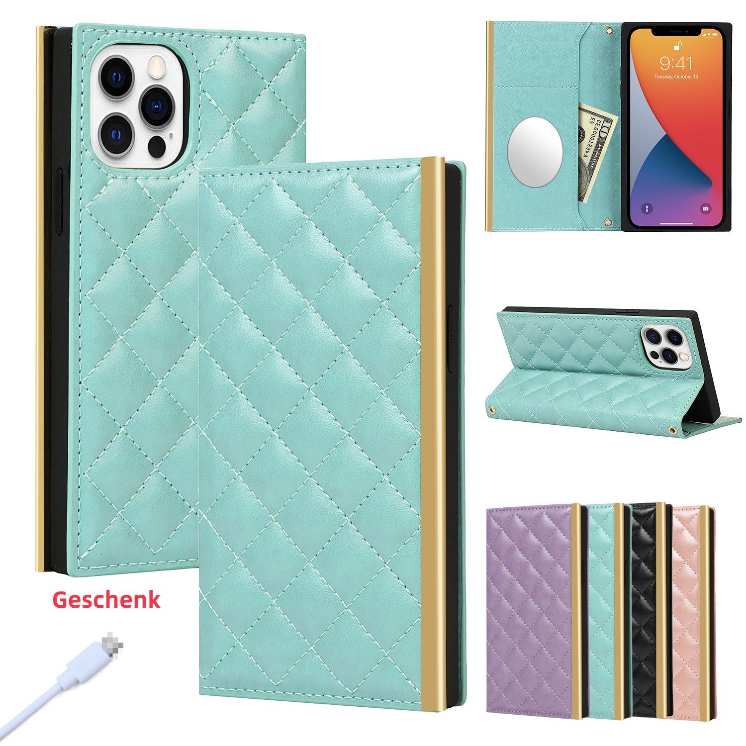 trends for living Handyhülle Leder Hülle für iPhone 8 12 13 14 PRO PLUS Wallet Cover Spiegel