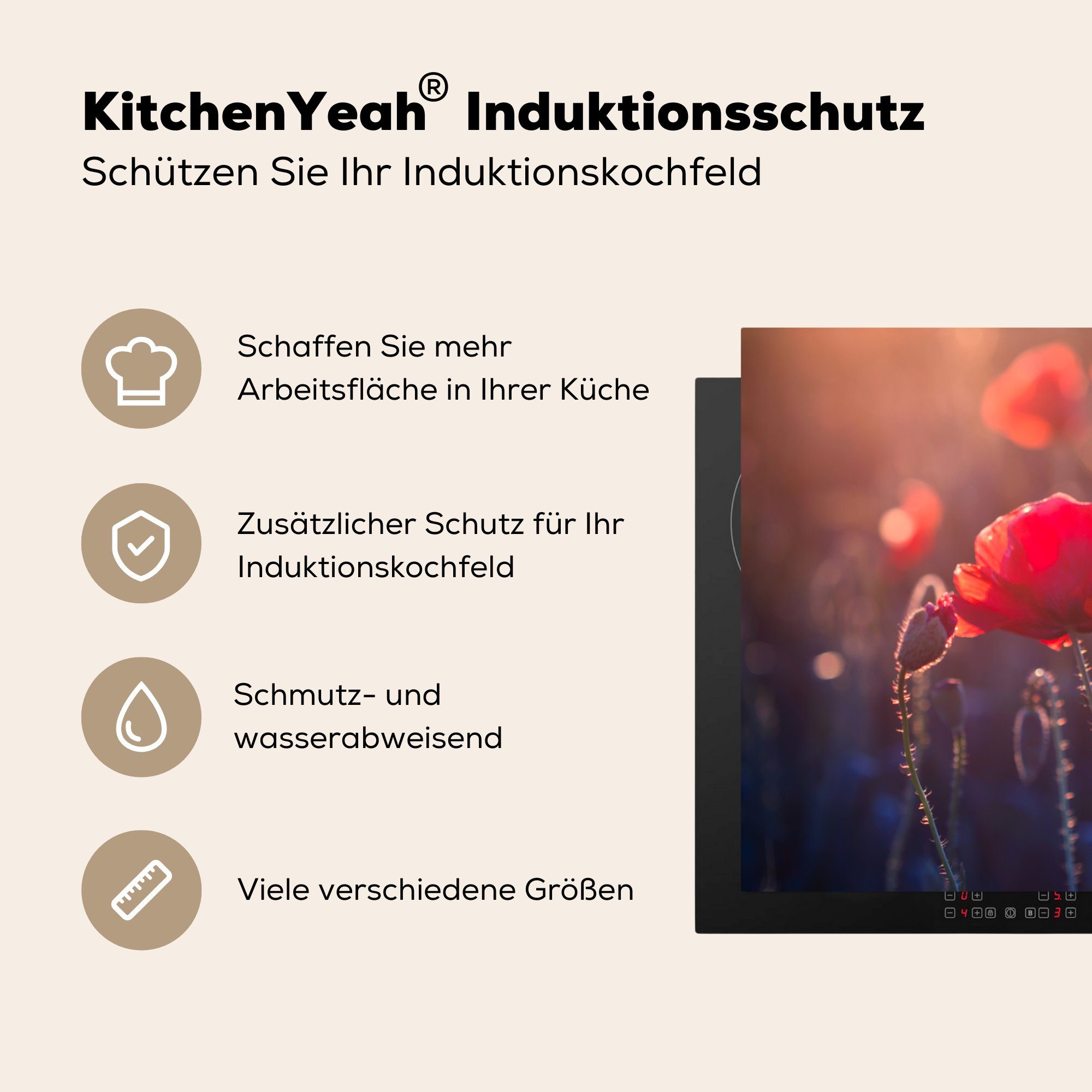 Induktionskochfeld für MuchoWow - küche, Schutz 81x52 cm, Herdblende-/Abdeckplatte tlg), Rot, Mohn Ceranfeldabdeckung Blumen (1 die - Vinyl,