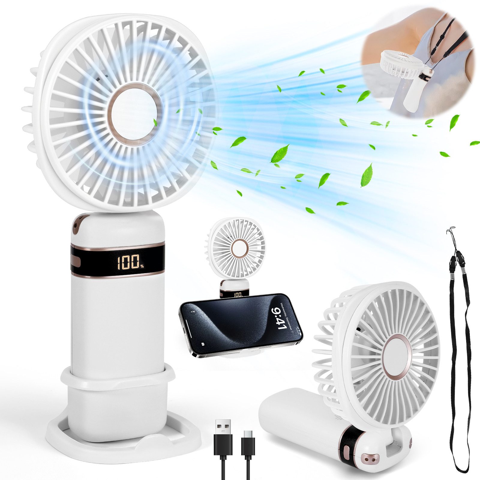 Handventilator Tragbarer Leise Ventilator mit 5 Geschwindigkeitsstufen Digitalanzeige