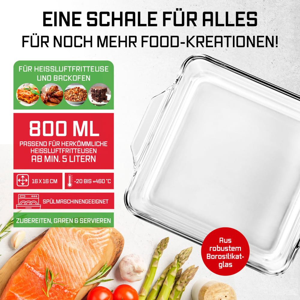GOURMETmaxx Auflaufform Auflaufform transparent quadratisch 800ml, aus Glas für Heißluftfritteuse & Ofen Zubereiten Garen Servieren