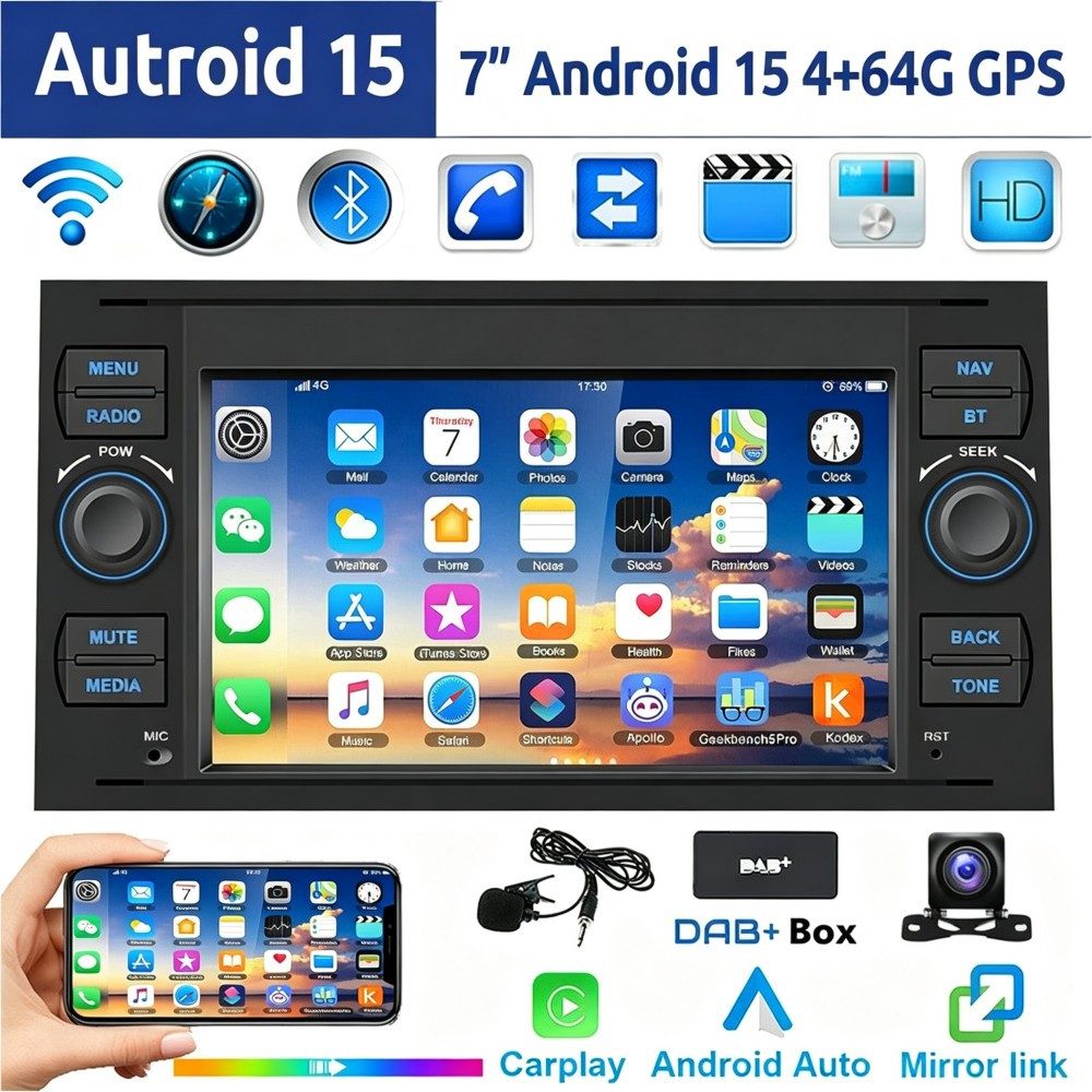 ESSGOO 7" Android 15 Für Ford Focus Transit MK7 C S-Max Fiesta Galaxy Kuga Autoradio (RDS, 2+64GB(optional), 4G, FM, DAB+ (optional), GPS Navi Carplay Android Auto Bluetooth EQ USB WIFI Touchscreen SWC)