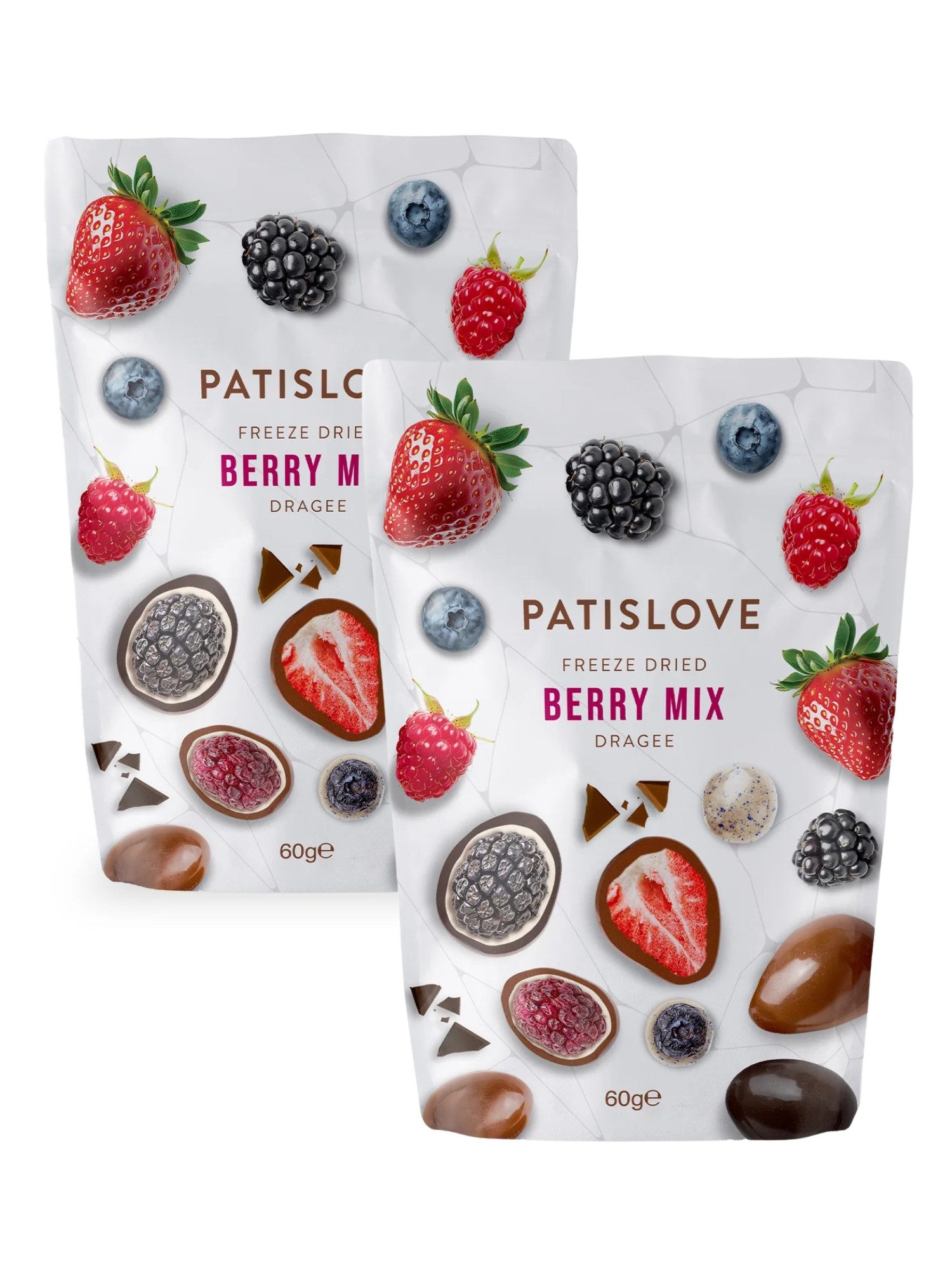PATISLOVE Schokolade Patislove Berry Mix Dragees, Beeren-Mix in 3 Schokoladensorten, 60g, Gefriergetrocknete Beerenmischung, Überzug aus 3 Schokoladensorten