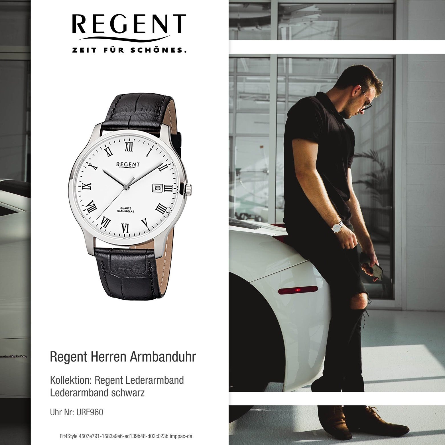Regent Quarzuhr Armbanduhr schwarz Herren Analog, (ca. Lederarmband Regent rund, 39mm), Herren-Armbanduhr mittel