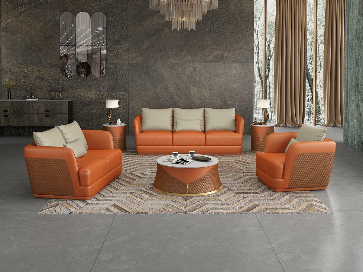 Beistelltisch Sofa, (6-St) Orange Wohnzimmer-Set Couchtisch 2x Sitzer Sofagarnitur JVmoebel 321 Ledersofa