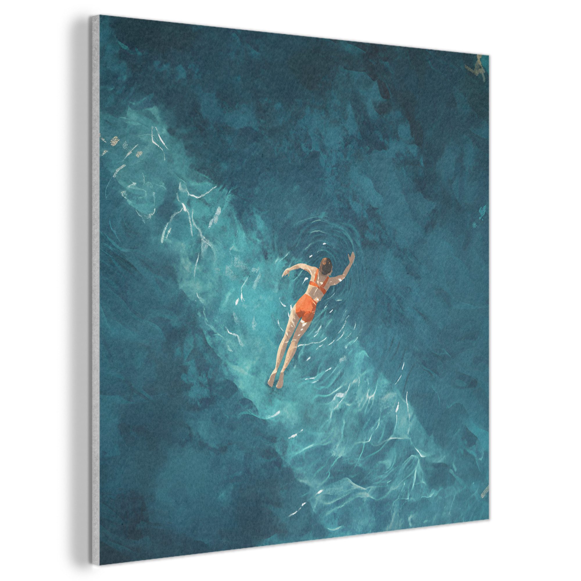 MuchoWow Gemälde Frau - Wasser - Bikini - Orange, Fotodruck (1 St), Akustikbilder PET-Filz, Wandpaneele, Akustikpaneele 40x40 cm
