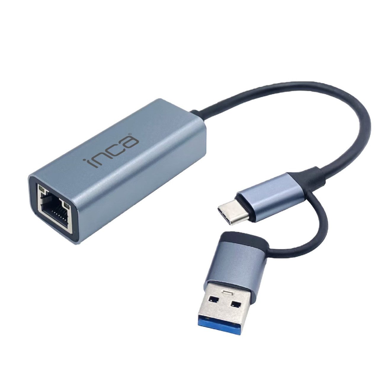 INCA IUTP-01TX USB-Adapter USB-C Stecker zu RJ45 Buchse, USB-A Buchse, USB-C-Ethernet-Adapter mit Gigabit-Netzwerk und USB-3.0-Port
