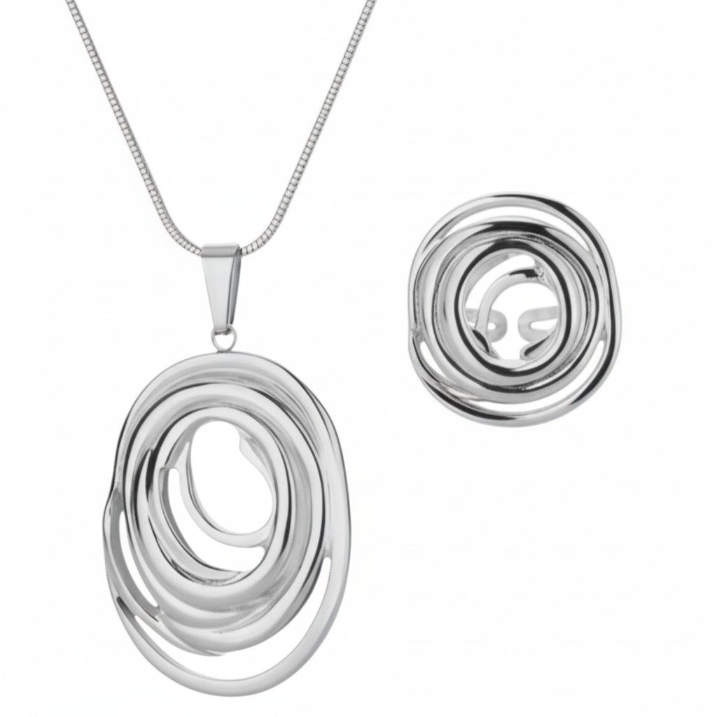 KARMA Schmuckset Damen Silber od. Gold Edelstahl vergoldet (pflegeleicht, 2-tlg., wasserfest hypoallergen rosfrei), Halskette und Ring Kette Geschenkset für Frauen