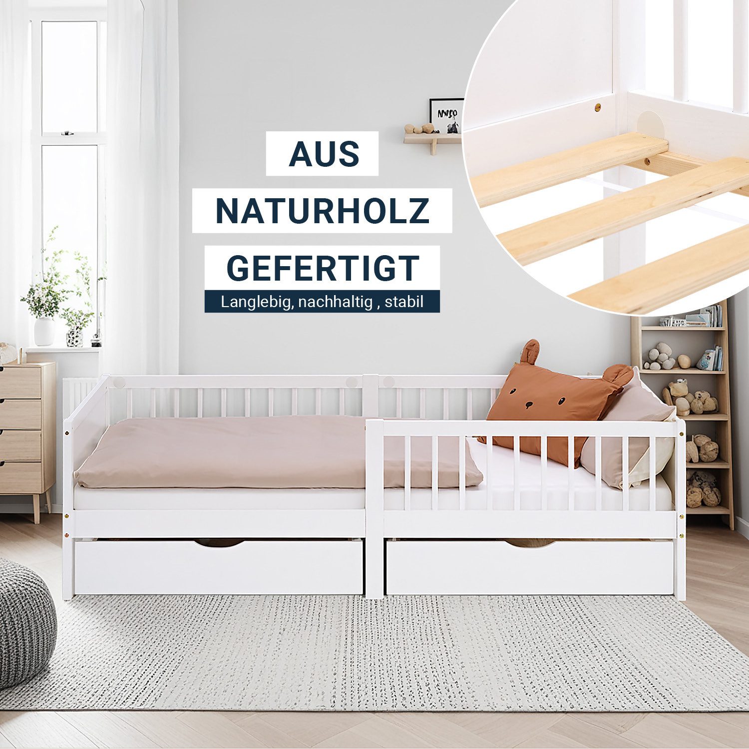 Homestyle4u Kinderbett 90x200 2 Bettkästen Weiß Natur Grün Rausfallschutz Gitterbett Stauraum (Komplett-Set mit Lattenrost, Matratze mit OEKO-TEX® Standard 100), Weiß, Bettkasten/Schublade, Kiefer