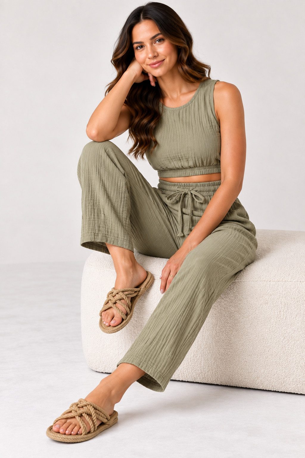 WENOR Stoffhose Damen Musselin Hose Baumwolle Tapered Sommerhose Knöchellänge, elastischer Bund, lässiger Style – Bild 5 von 5