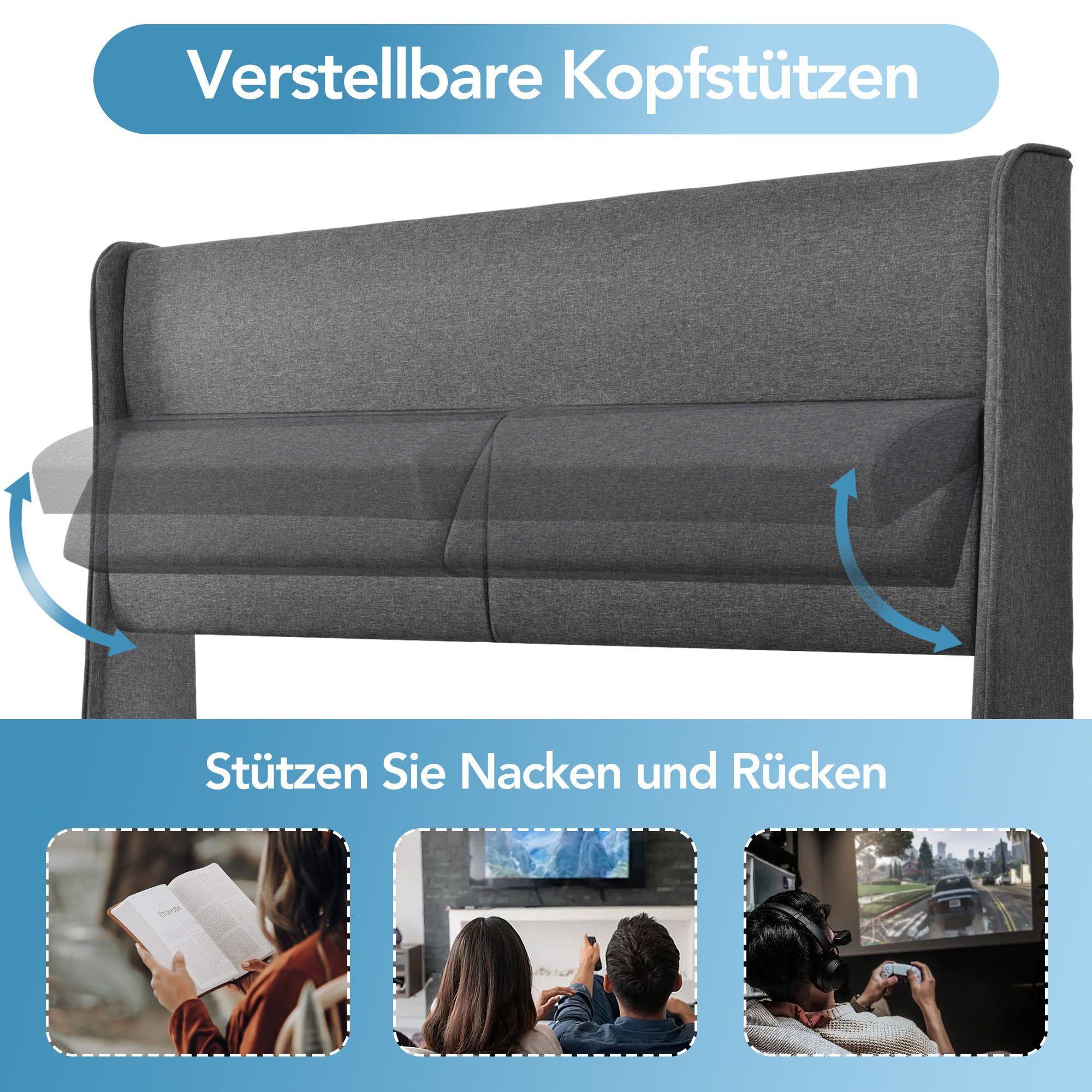 Boxspringbett (Polsterbett mit Verstellbare Kopfstützen, Lattenrost und Bettkasten), Stauraumbett Hydraulisches Bett 140 x 200 cm, Bezug aus Leinen