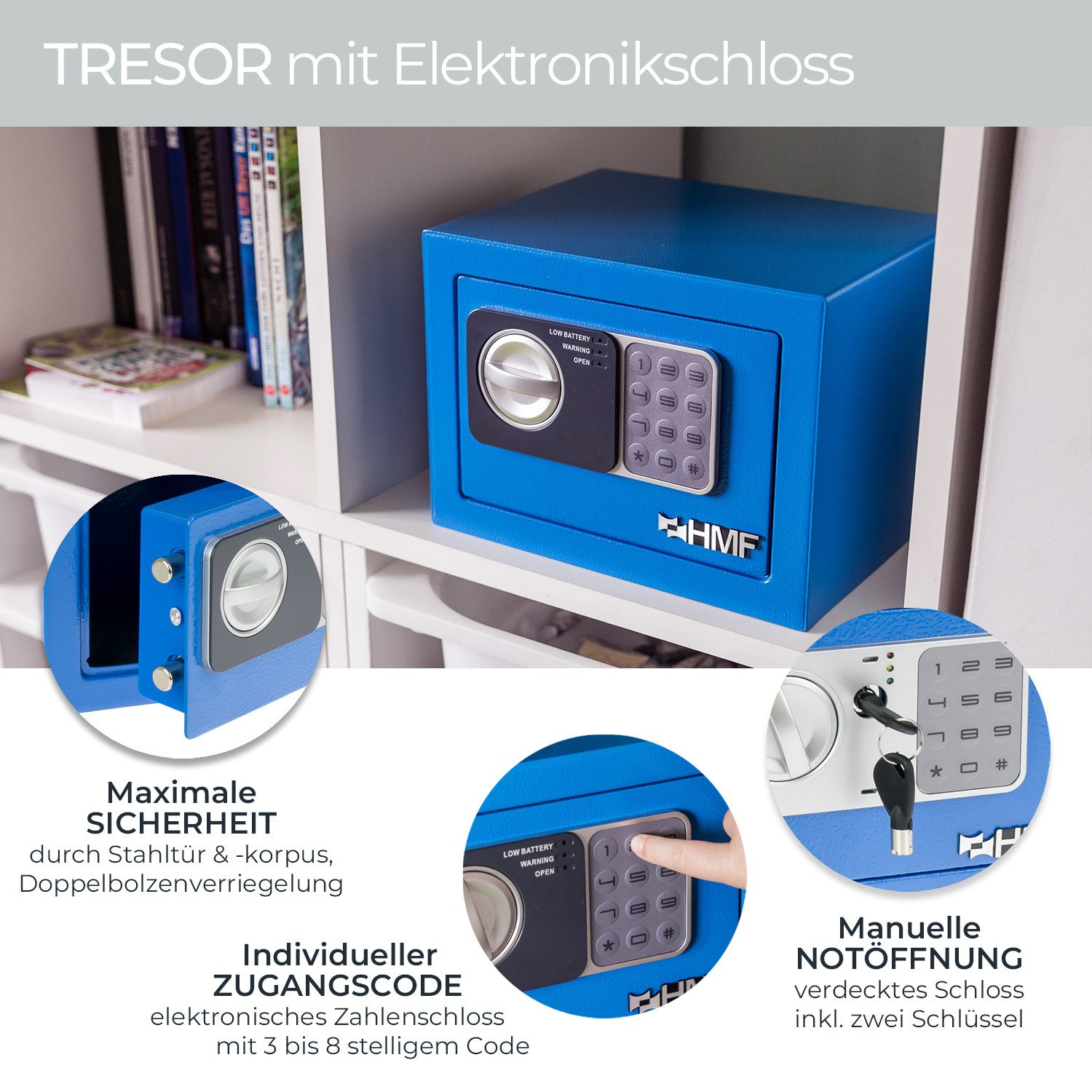 HMF Möbeltresor Robuster Tresor aus Stahl, Schließfach mit Elektronischem Schloss, 23 x 17 x 17 cm, blau