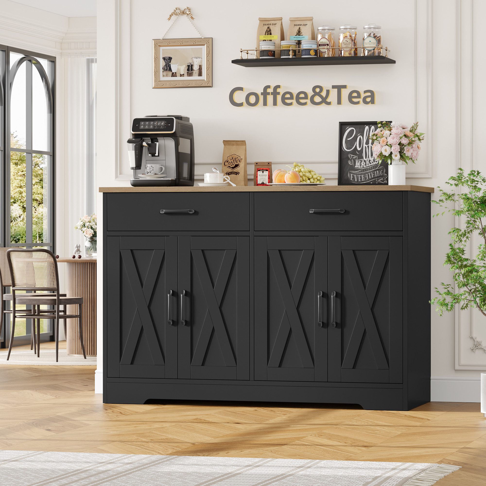 HOMECHO Buffet 120cm Breit Küchenschrank mit Arbeitsplatten, 2 Schubladen, 4 Türen – Bild 3 von 5