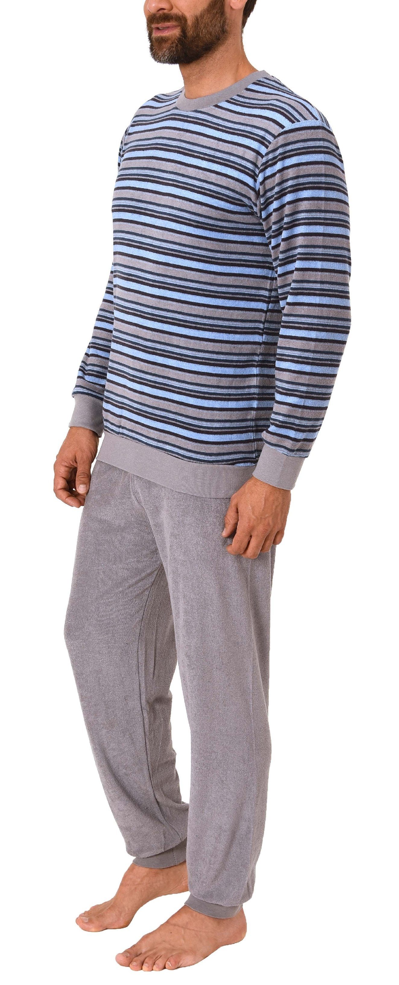 Normann Pyjama Herren Frottee Pyjama langarm mit Bündchen in Streifenoptik – Bild 4 von 4