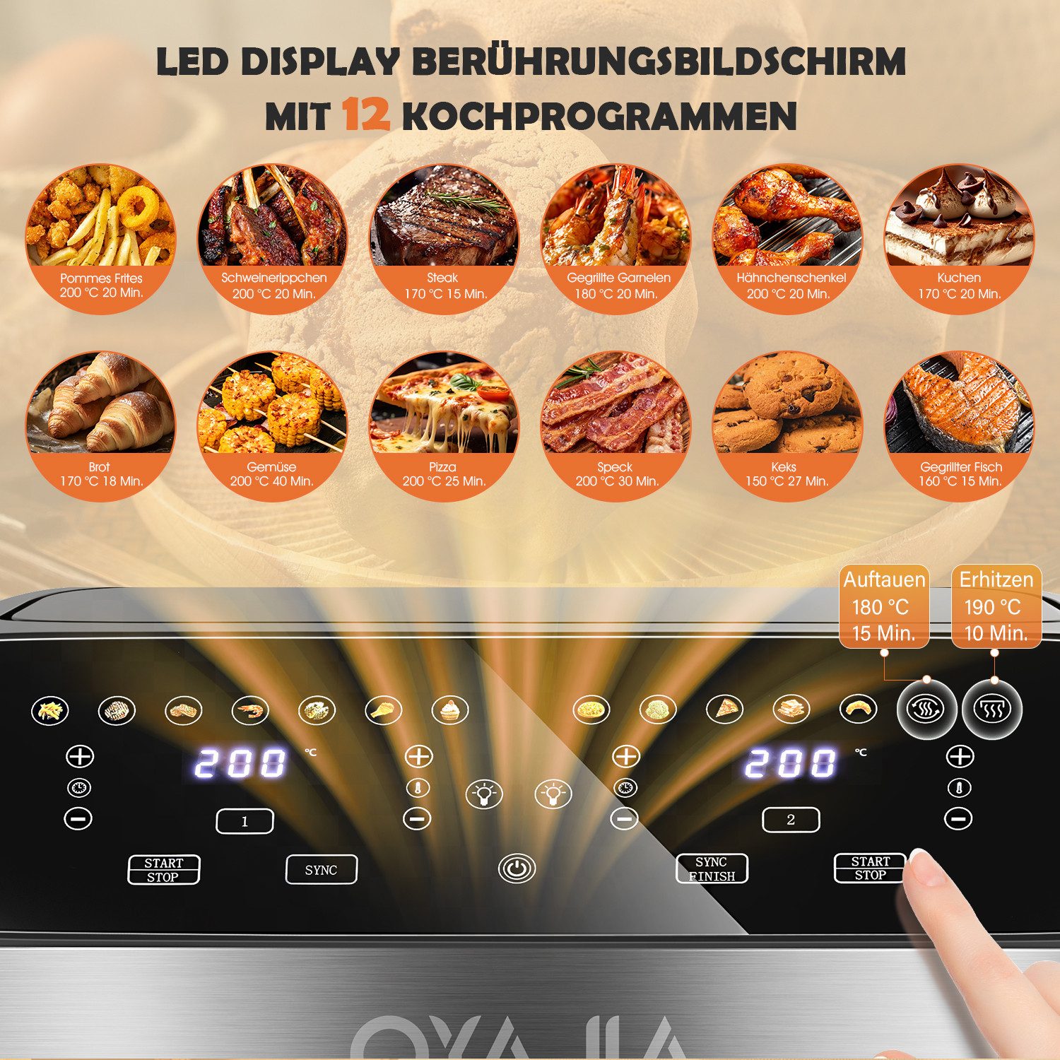 oyajia Heißluftfritteuse Airfryer GSE041T Flexible Basket mit Sichtfenster & Sync-Funktion, zwei Körbe mit 10L, 2600,00 W, 12 Kochfunktionen, Auftauen, Erwärmen – Bild 5 von 5