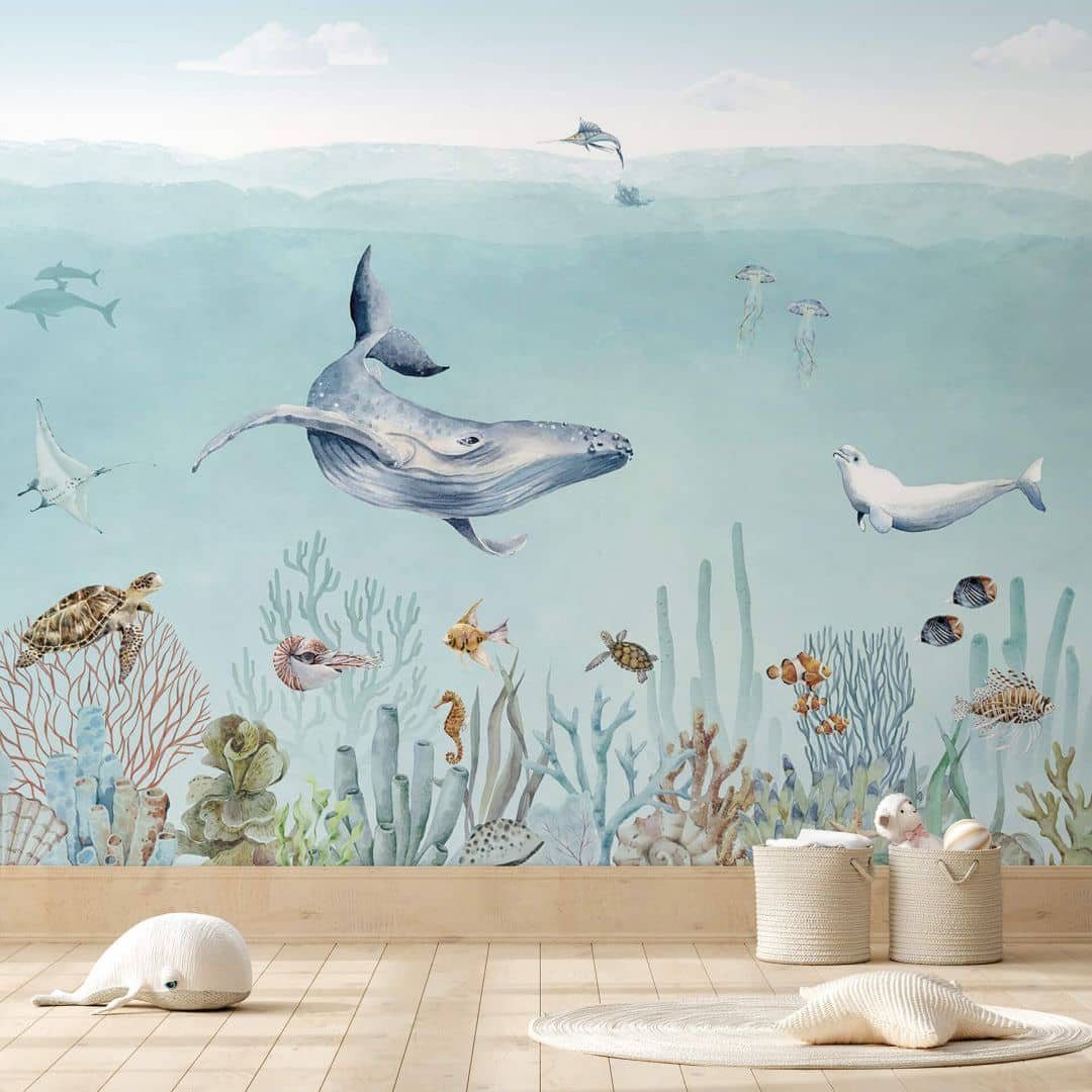 K&L Wall Art Fototapete Fototapete Baby Kinderzimmer Tapete Meerestiere Delfin Seepferdchen, große XXL Motivtapete