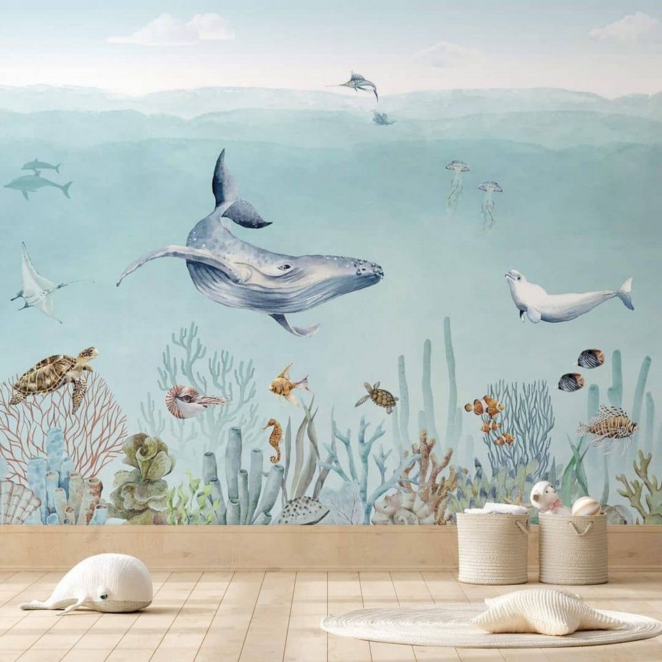 K&L Wall Art Fototapete Fototapete Baby Kinderzimmer Tapete Meerestiere  Delfin Seepferdchen, große XXL Motivtapete