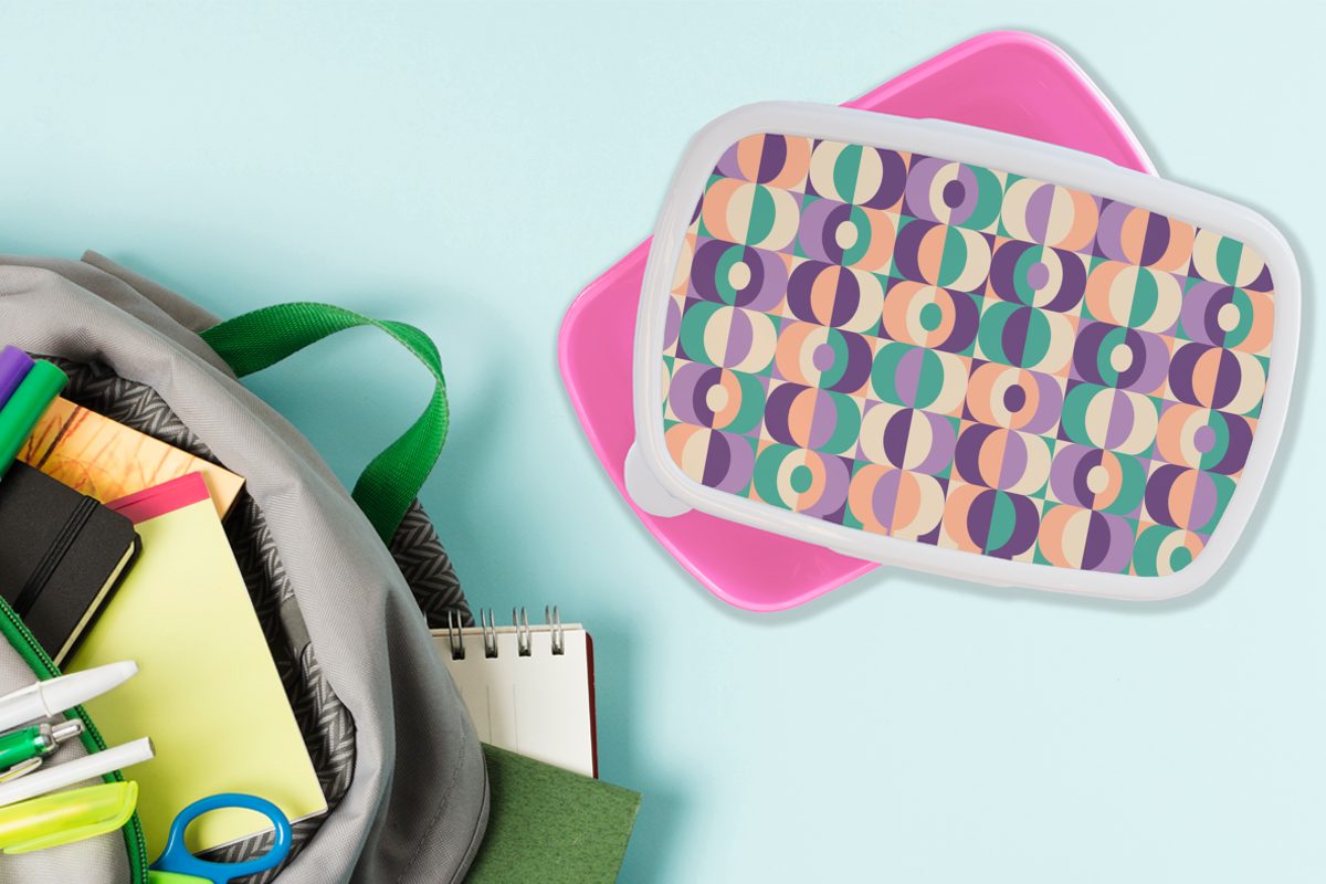 (2-tlg), MuchoWow Snackbox, Kunststoff, Erwachsene, - Brotdose Kinder, Lunchbox rosa Mädchen, für - Kunststoff Muster Retro, Brotbox Geometrie