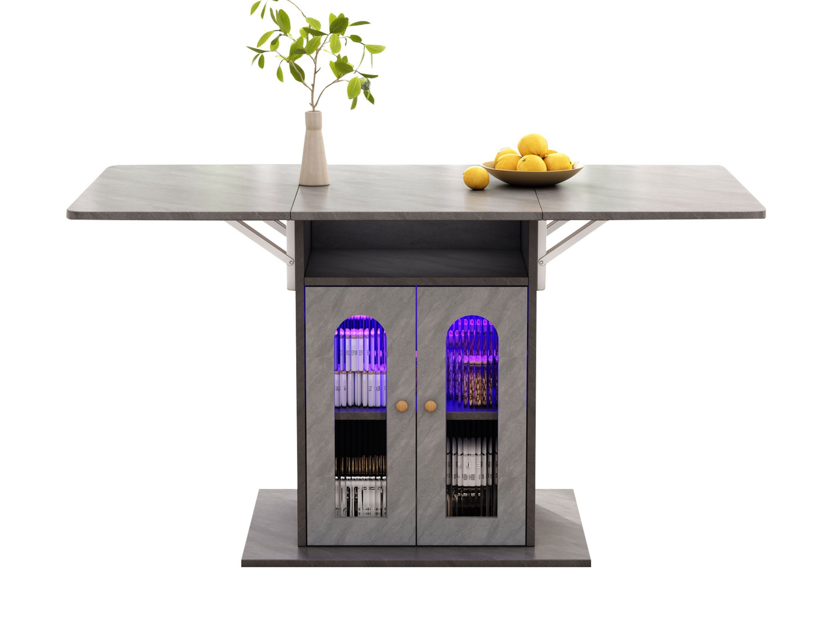 SeedWave Esstisch Klappbarer, Verstellbar 50-140 cm, 9-Farbige LED-Beleuchtung, Riffglas-Tür mit Stauraum, Große Ablagefläche, Vielseitiger Tisch