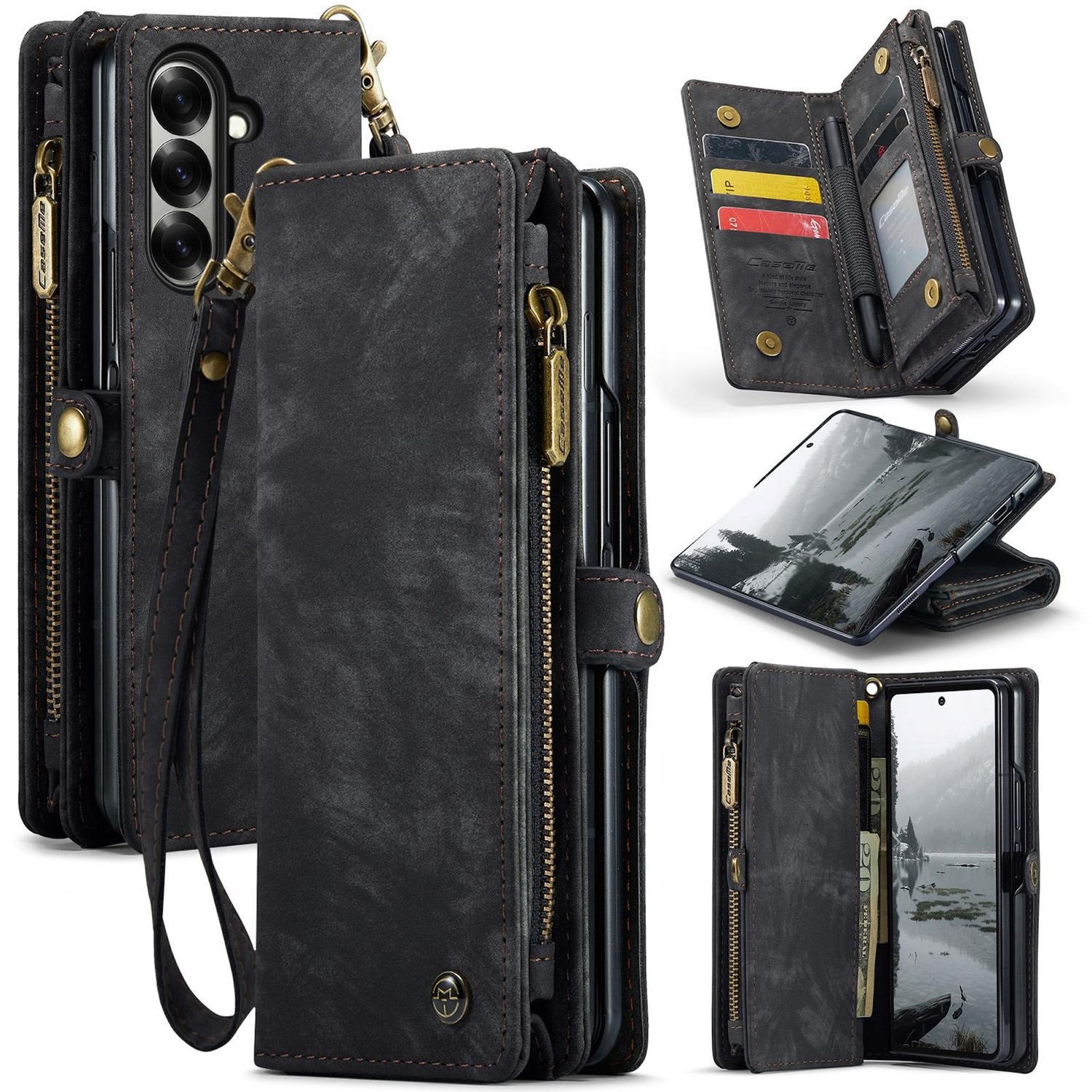 CaseMe Handyhülle Für Samsung Galaxy Z Fold7 Kunstleder 008 Multifunktion Hülle Schwarz, Kunstleder Schutz Tasche Smart Case Multifunktion