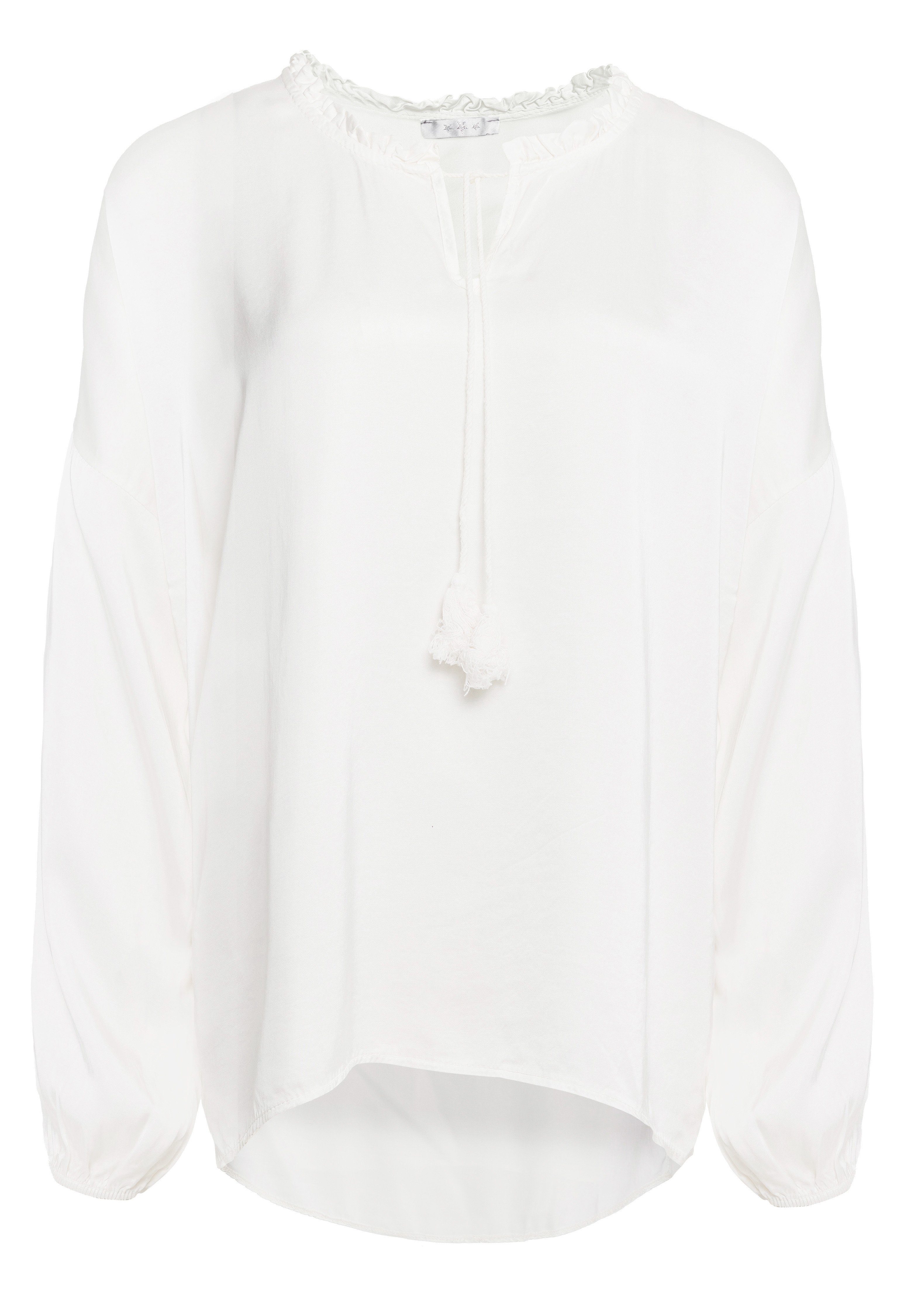 Business Satin Einheitsgröße) Schlupfbluse (Romantische PM-06 SELECTED Weiß Bluse PM Rüschenkragen mit