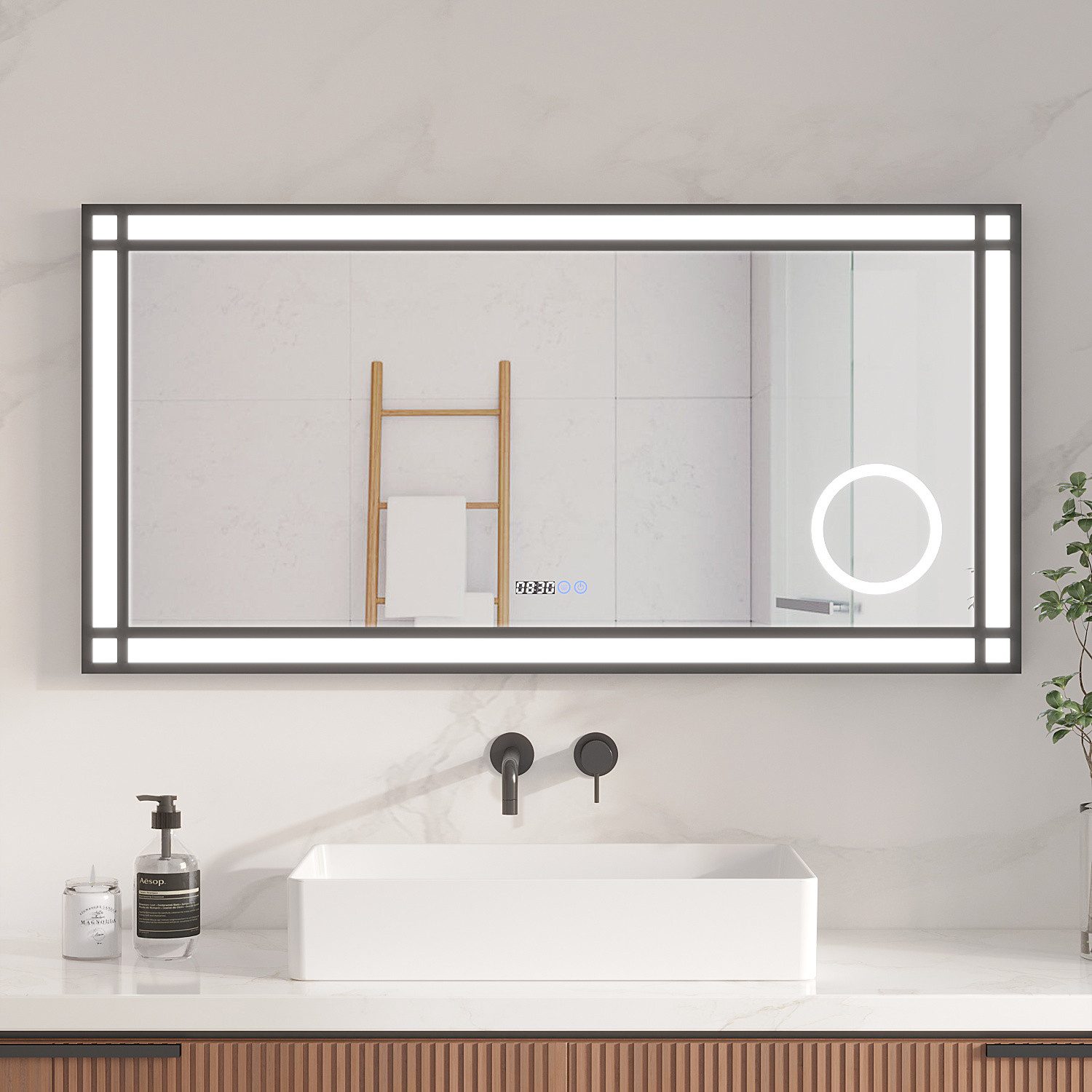 AQUALAVOS Badspiegel LED Badspiegel 120x60cm mit 3X Vergrößerung Schminkspiegel Digitaluhr, Beschlagfrei Wandmontage inkl. leicht verständlicher Montageanleitung
