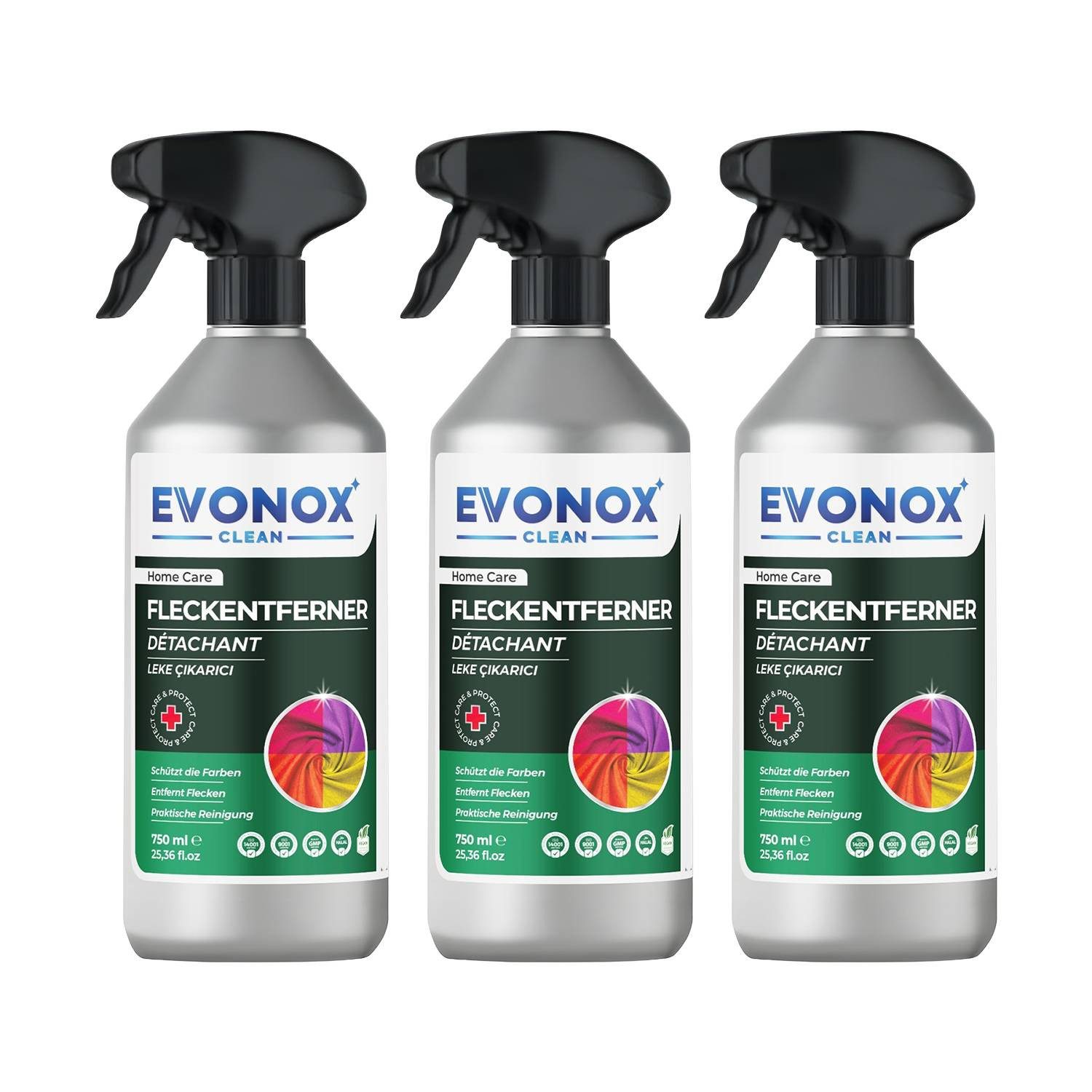EVONOX Ultra Fleckenentferner 750 ml – Kraftvolle Reinigung, Set 1–3 Fleckentferner (3-St. Praktische Reinigung für Teppiche, Polster, Kleidung, Küche & Bad)