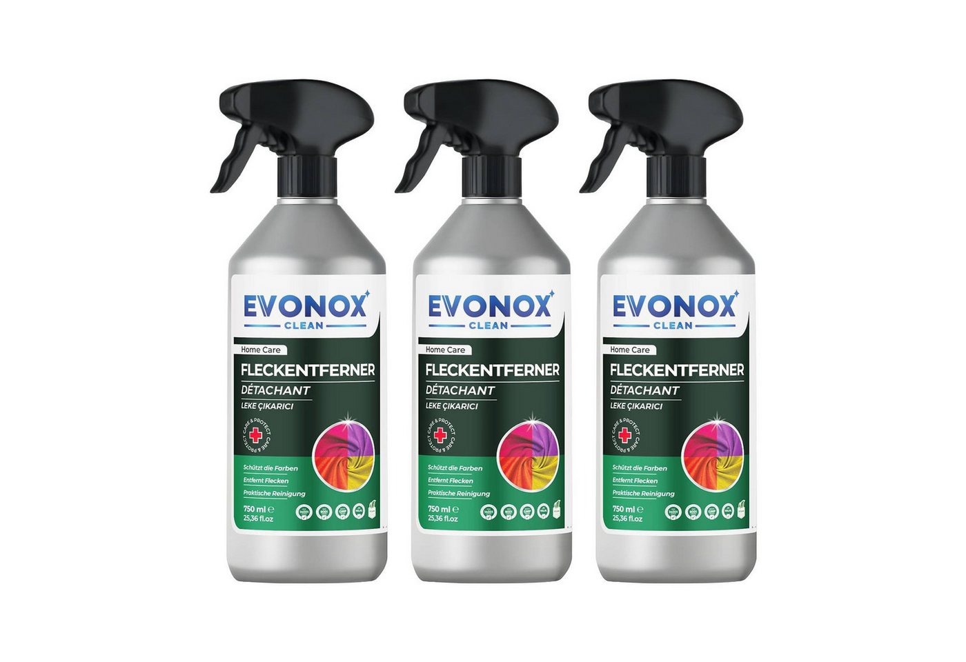 EVONOX Ultra Fleckenentferner 750 ml – Kraftvolle Reinigung, Set 1–3 Fleckentferner (3-St. Praktische Reinigung für Teppiche, Polster, Kleidung, Küche & Bad)