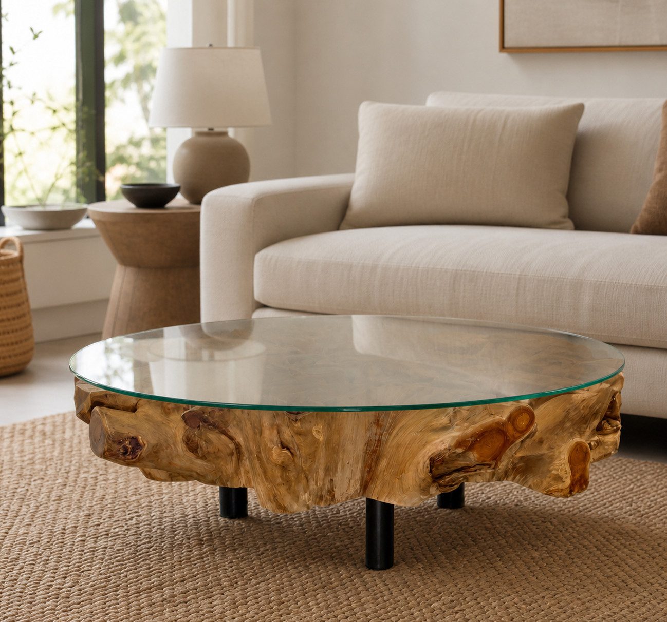 Möbel Bressmer Couchtisch NAGA Teakholz Couchtisch mit Glasplatte – Handgemacht Couchtisch rund, Unikat