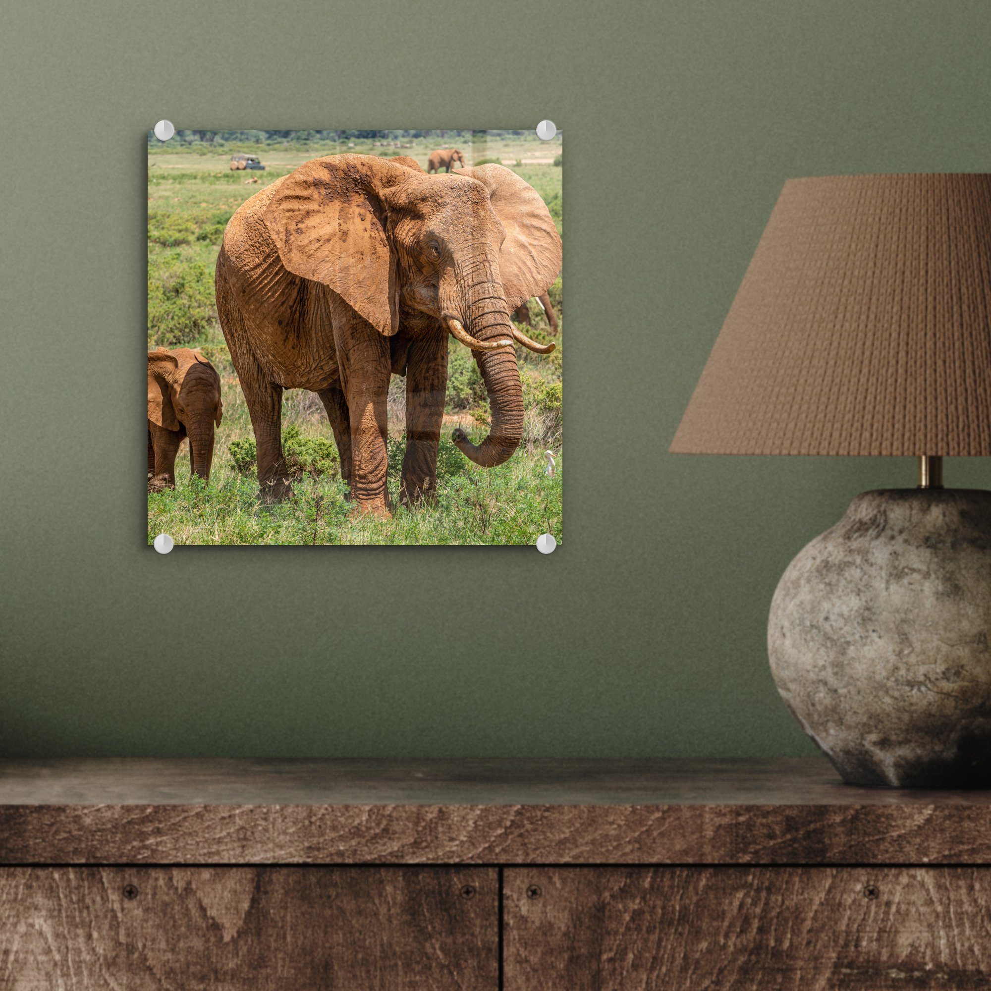Wanddekoration auf - Glas Acrylglasbild Gras, Mutter Glas mit St), auf seiner Elefantenbaby im Bilder - MuchoWow (1 Foto Wandbild - Glasbilder