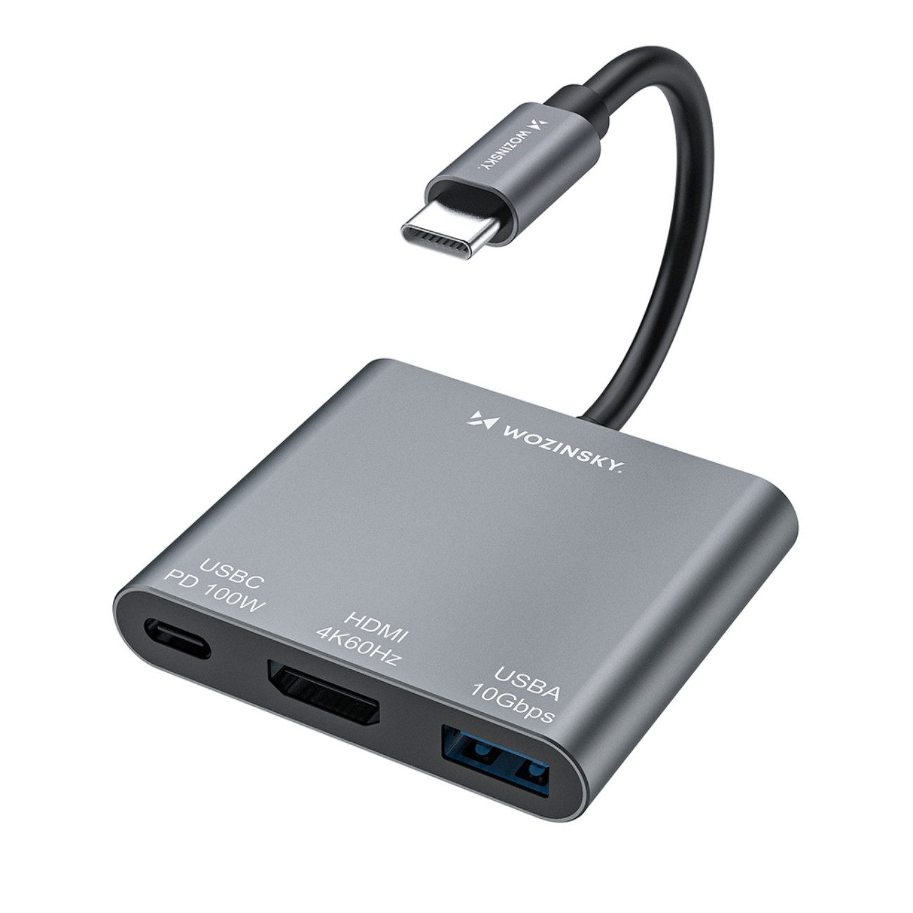 Wozinsky WHCH-01 USB-Adapter USB-C Stecker zu USB-C Buchse, HDMI Buchse, USB-A Buchse, 3-in-1 USB-C Hub mit 100 W PD und 4K HDMI
