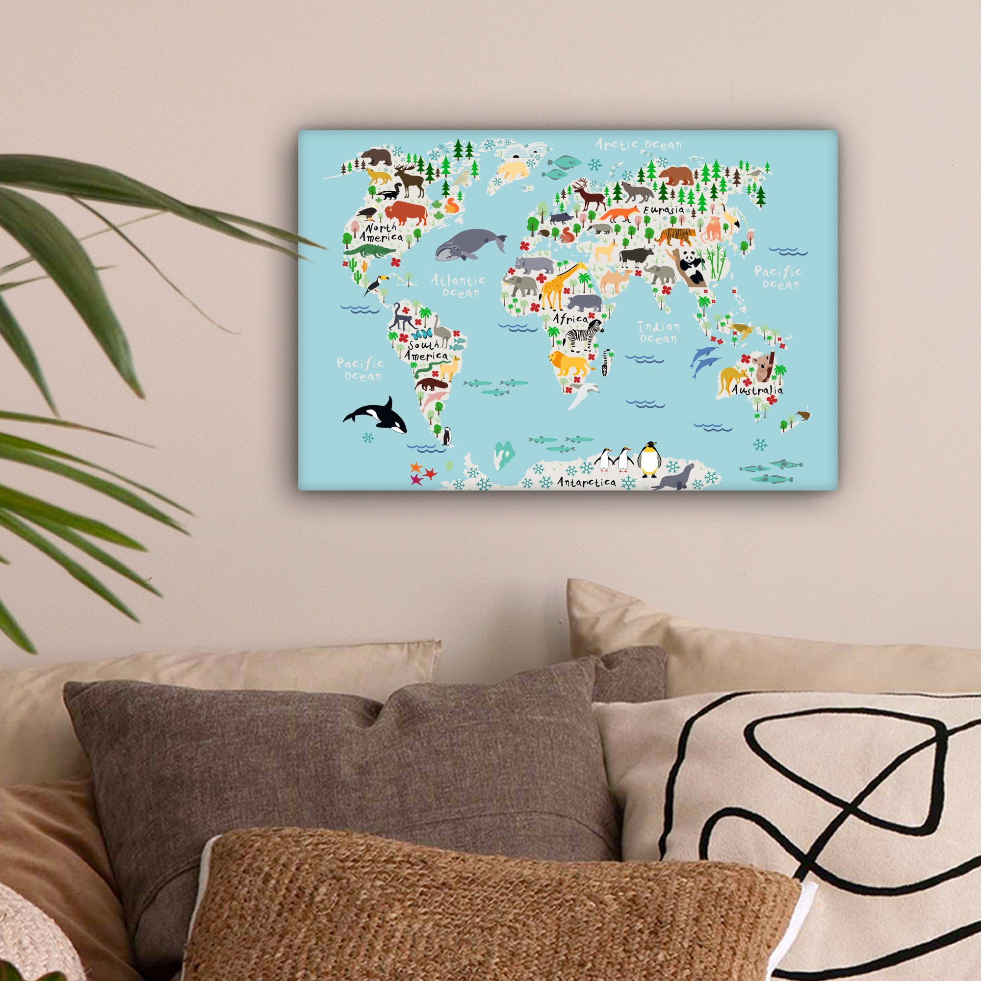 OneMillionCanvasses® Leinwandbild Weltkarte - Kinder - Tiere - Blau - Orca günstig online kaufen
