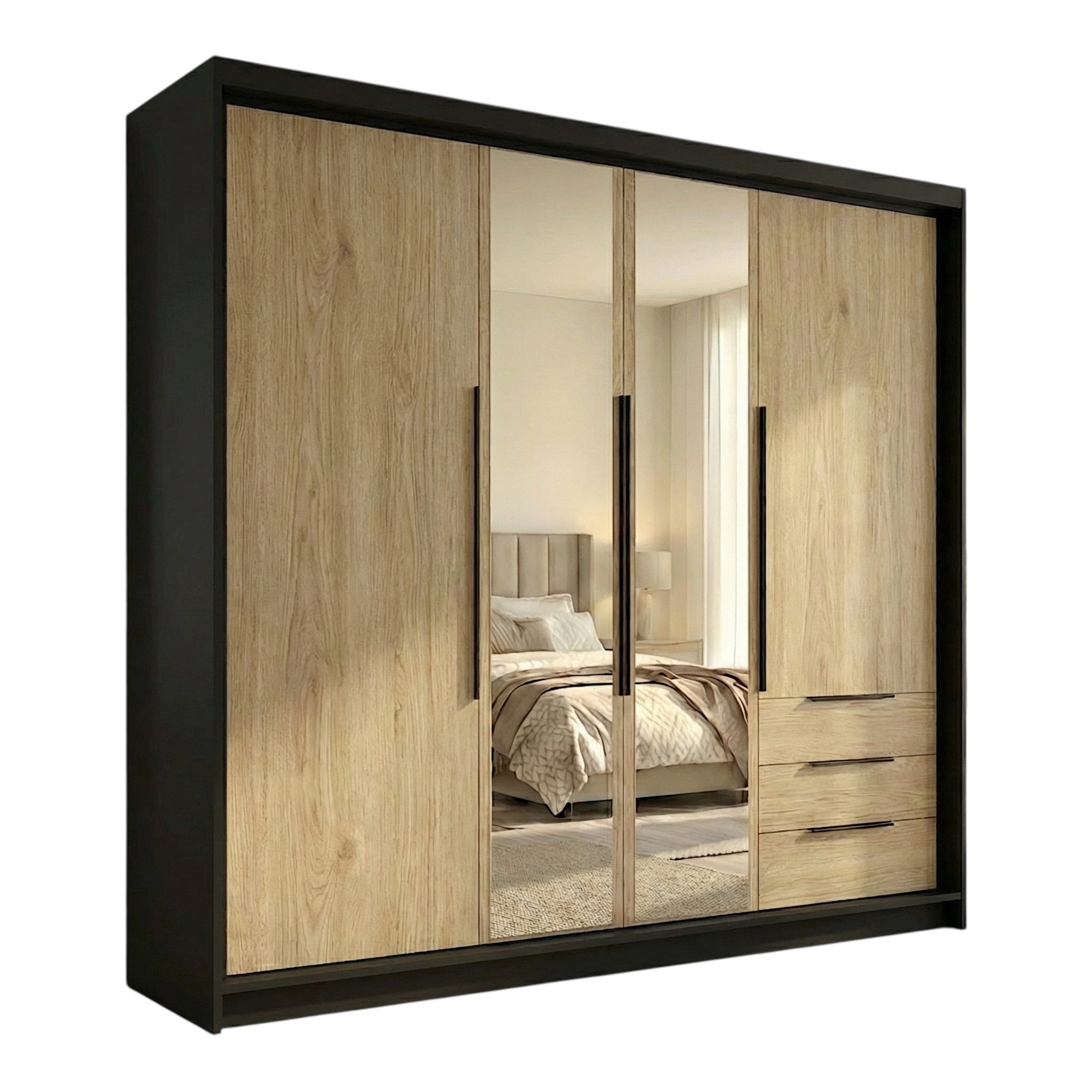 A&J MöbelLand GmbH Drehtürenschrank viertüriger Kleiderschrank mit Schubladen und Metallgriffen. (Geräumiger vier¬türiger Kleiderschrank mit Schubladen und Metallgriffen. Geräumiger Schrank mit einer Breite von 200 cm und Schubladen, ideal zur Aufbewahrun