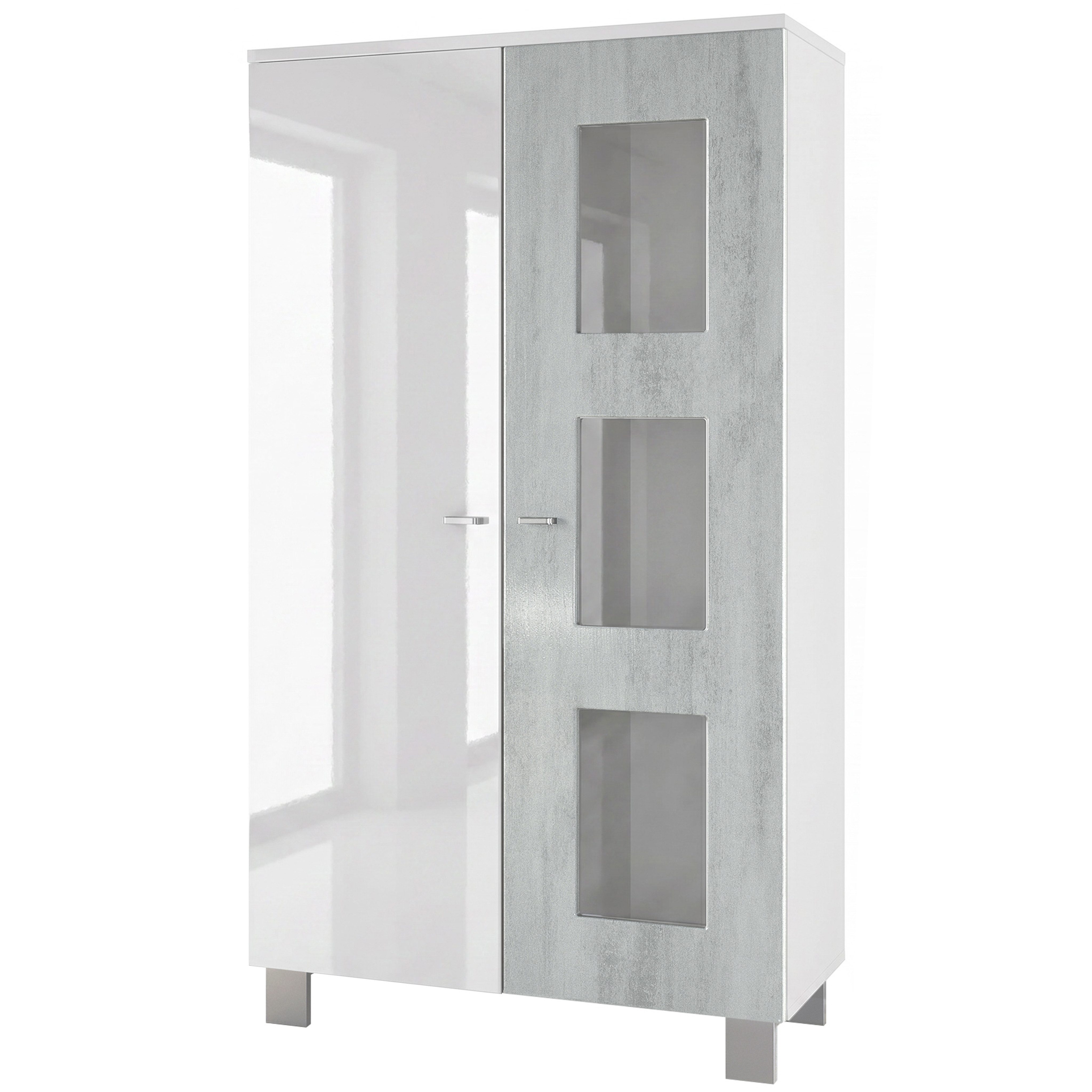 Vladon Standvitrine Denjo (Standvitrine, mit 2 Türen und 3 Glaseinsätzen) Weiß matt/ Weiß Hochglanz/ Beton Oxid Optik (71 x 129 x 35 cm)